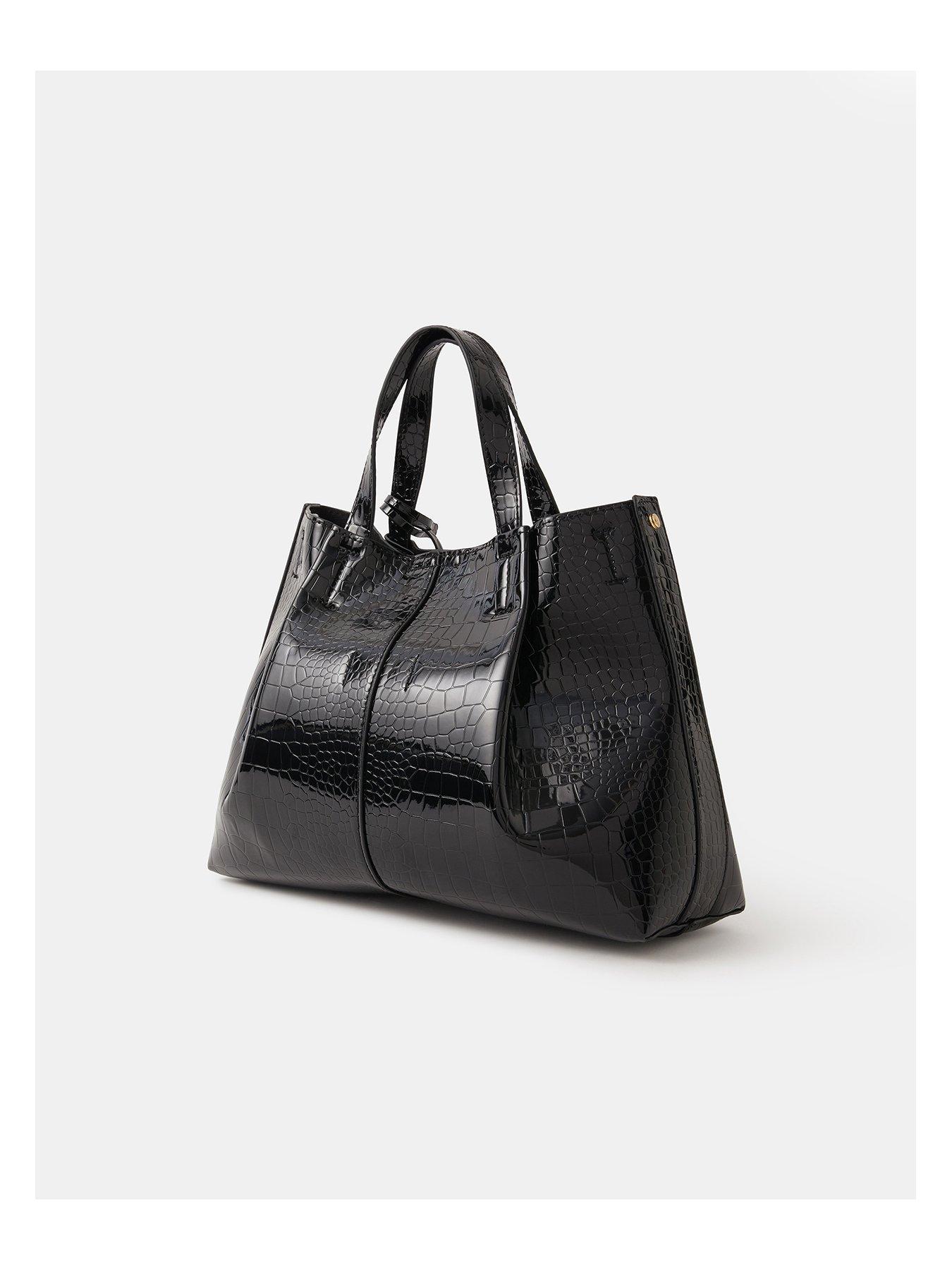  image of accessorize-faux-croc-skin-patent-tote-bag-black