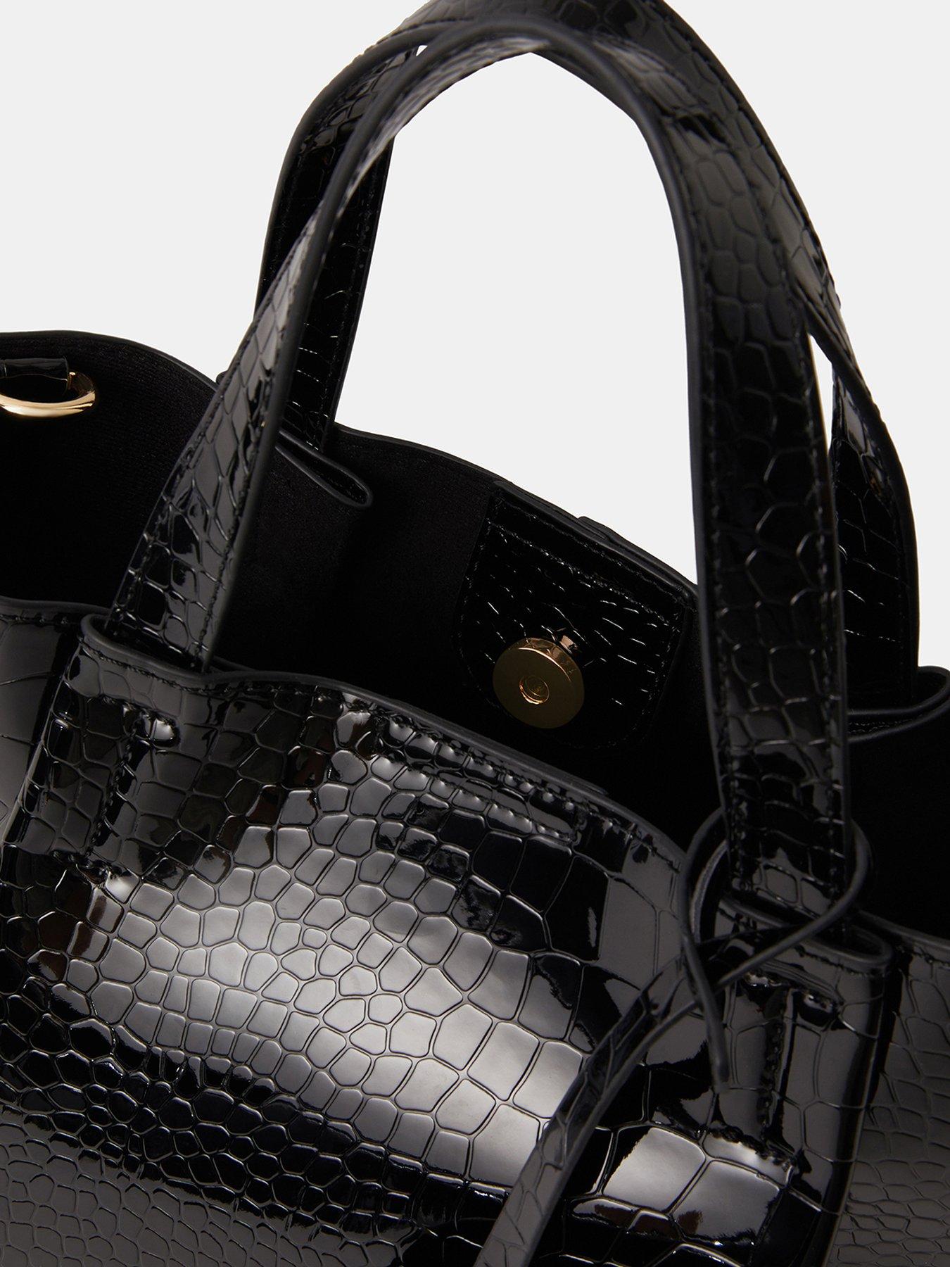  image of accessorize-faux-croc-skin-patent-tote-bag-black