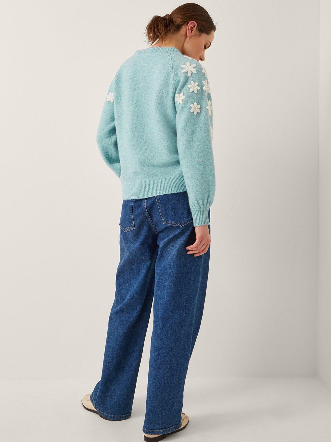 Image 2 of 5 of Monsoon Eva Embroidered Sleeve Jumper Blue - Blue