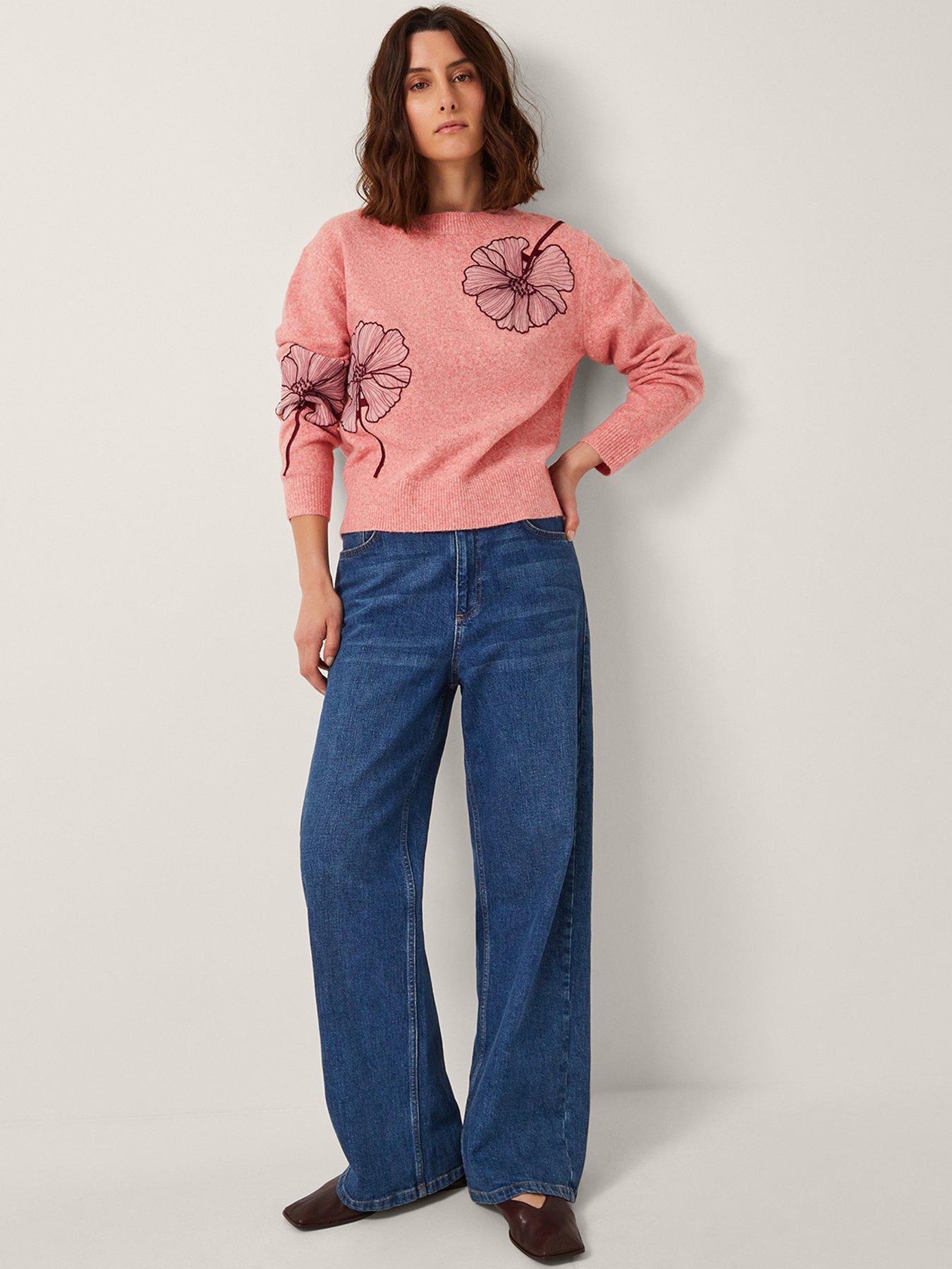Image 1 of 5 of Monsoon Abi Floral Applique Jumper Pink - Pink