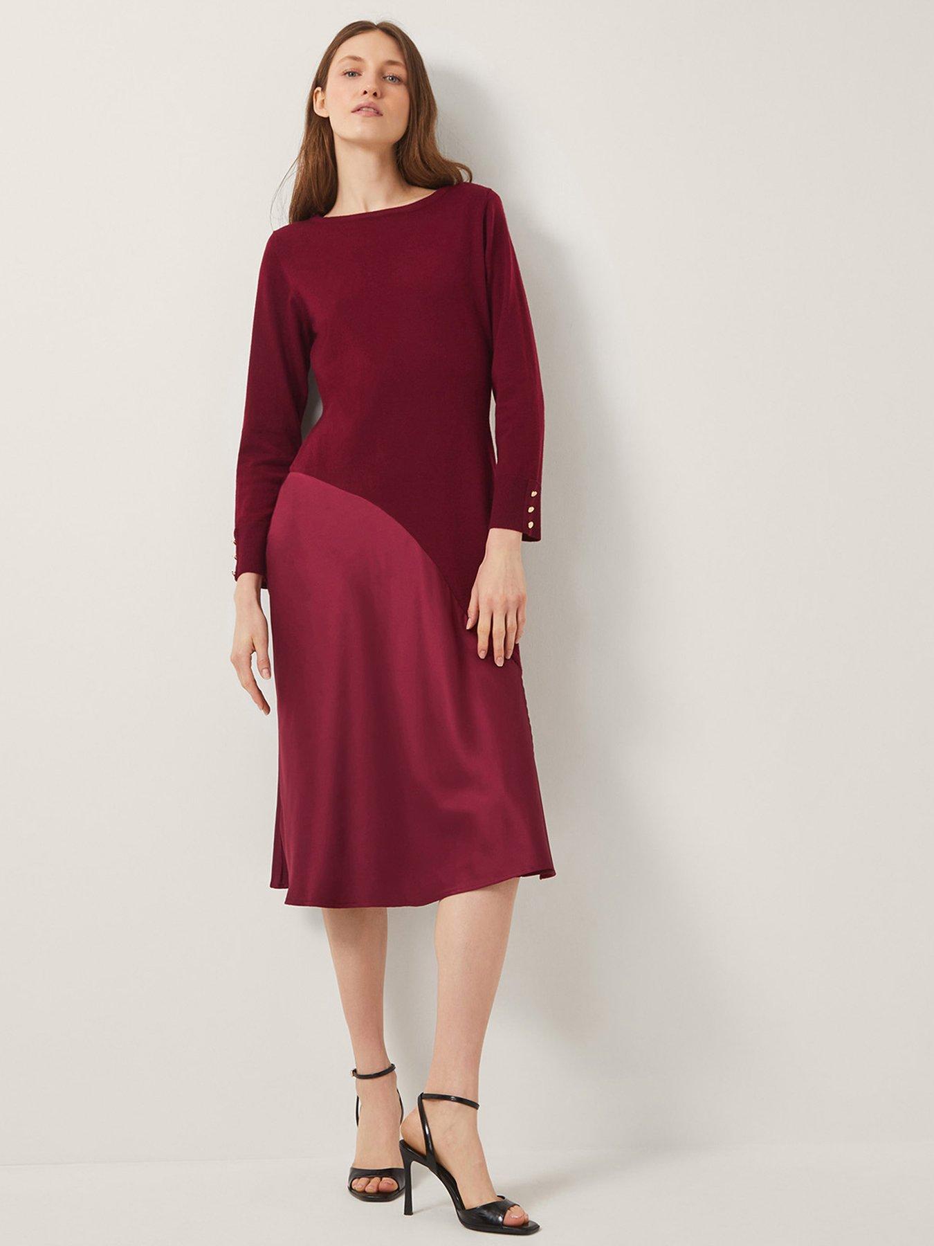 undefined Saz Asymmetrical Mix Satin Midi Dress Red - Berry