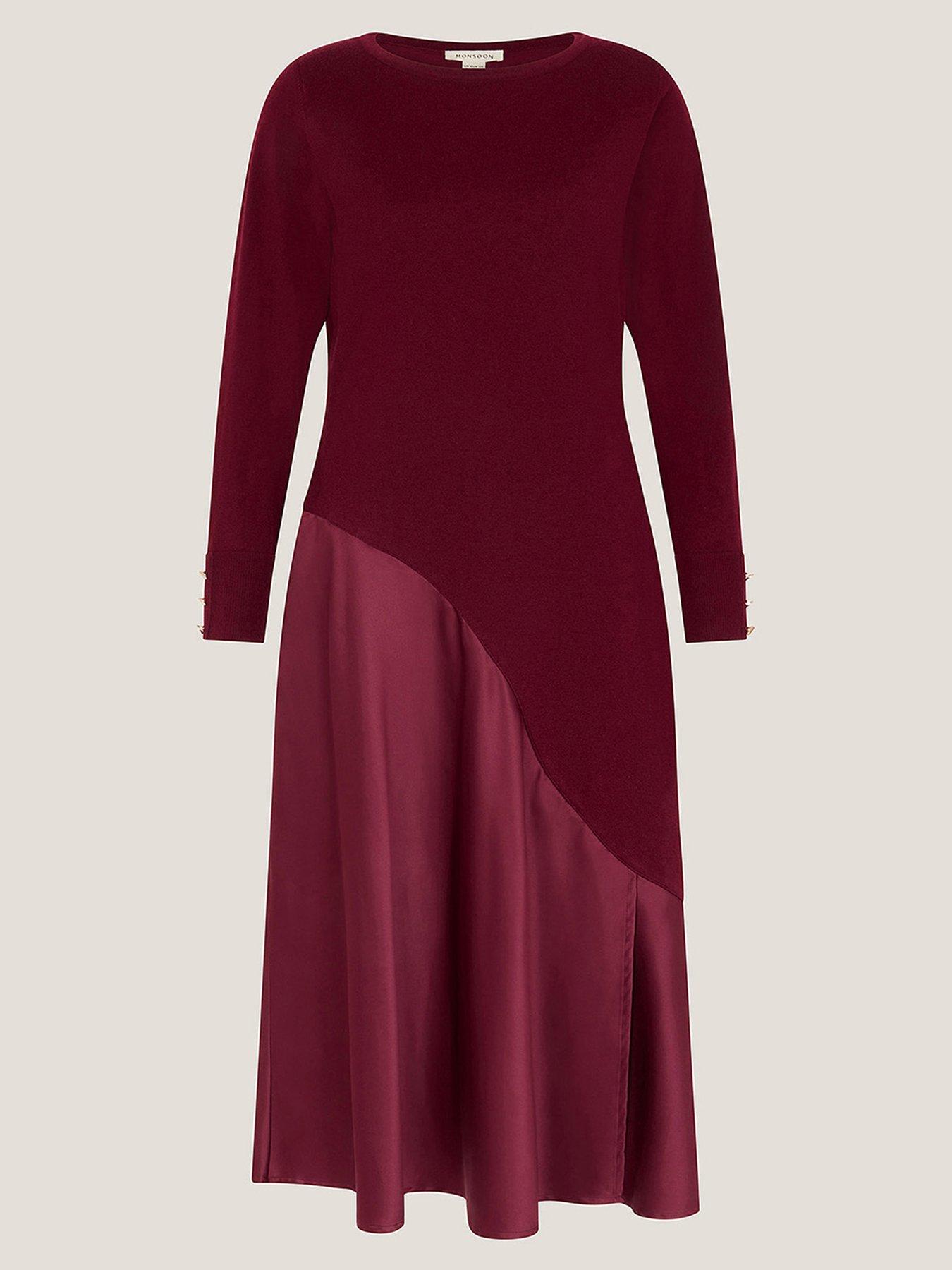 Image 3 of 6 of Monsoon Saz Asymmetrical Mix Satin Midi Dress - Berry