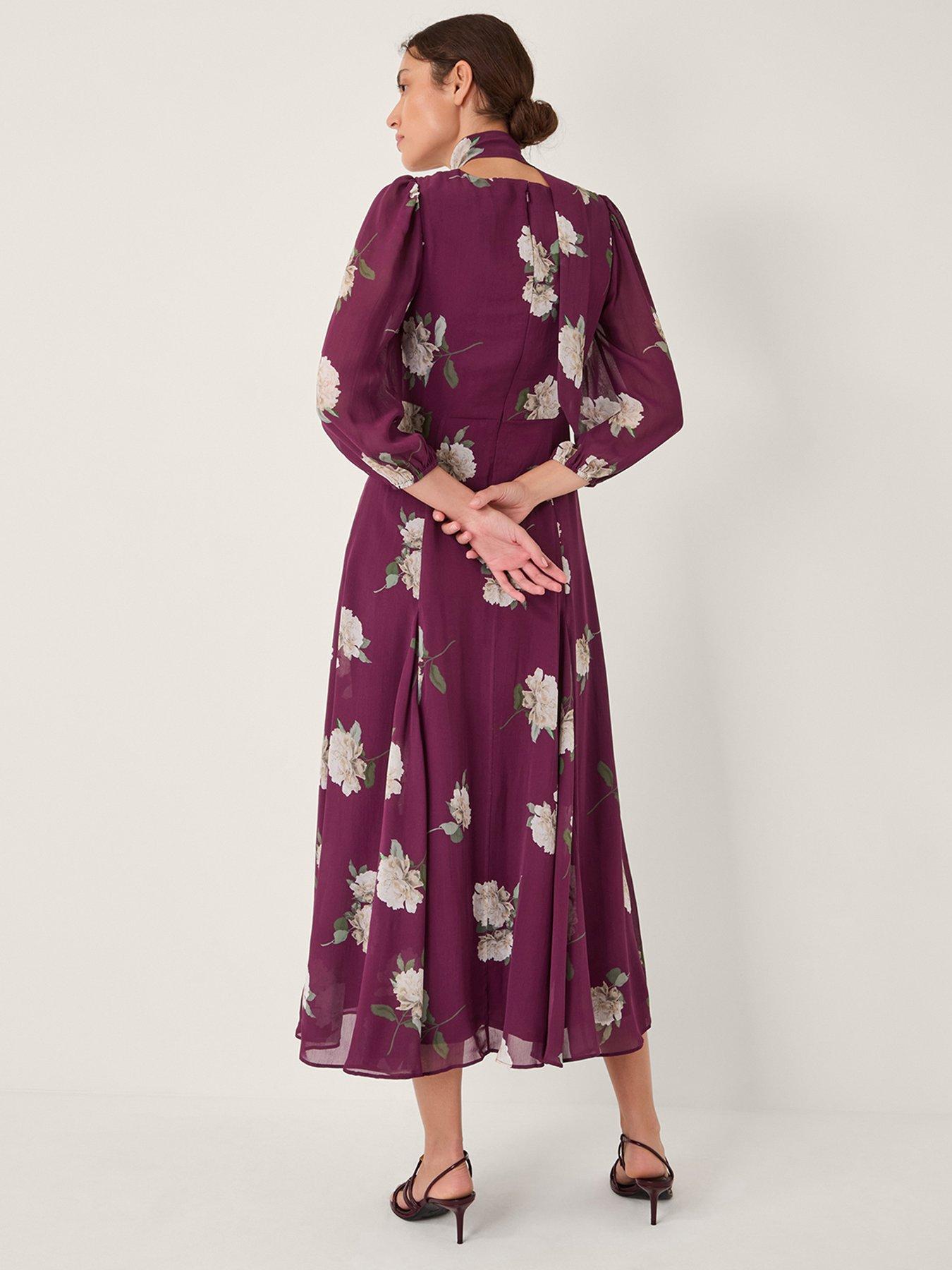 Image 2 of 5 of Monsoon Amber Floral Print Dress - Burgundy