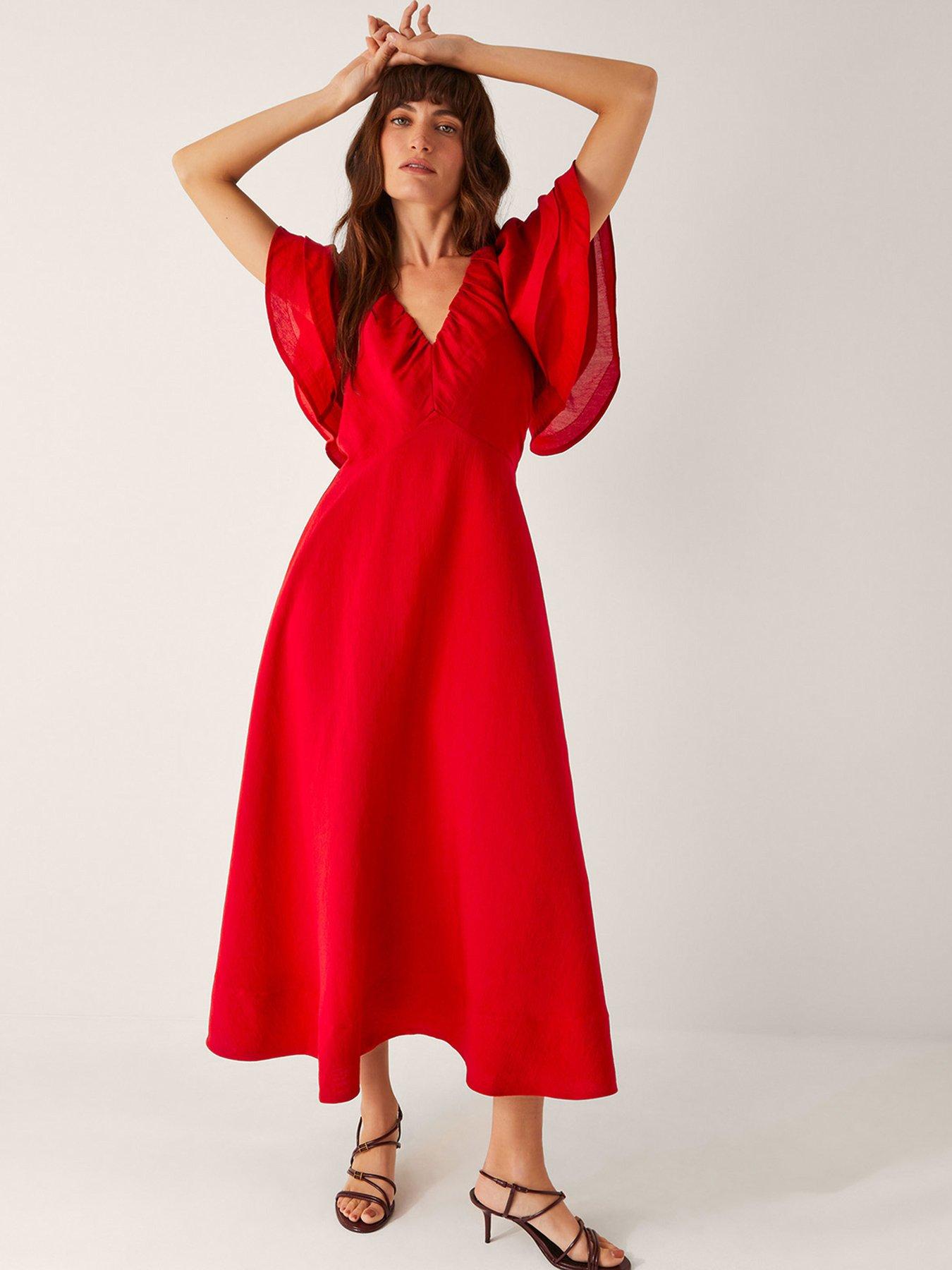  image of monsoon-patricia-ruffle-sleeve-midi-dress-red