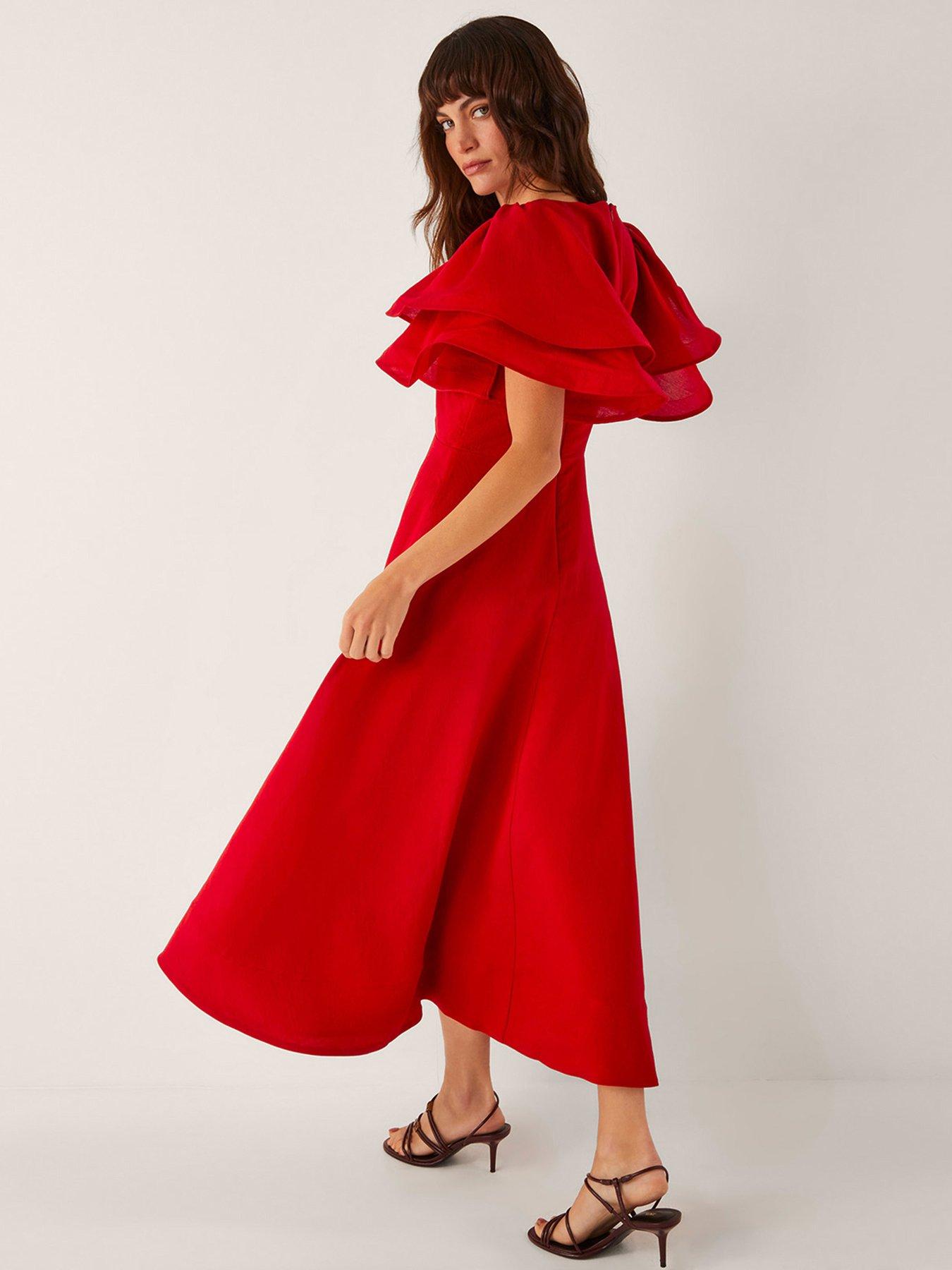 Image 2 of 5 of Monsoon Patricia Ruffle Sleeve Midi Dress Red - Red
