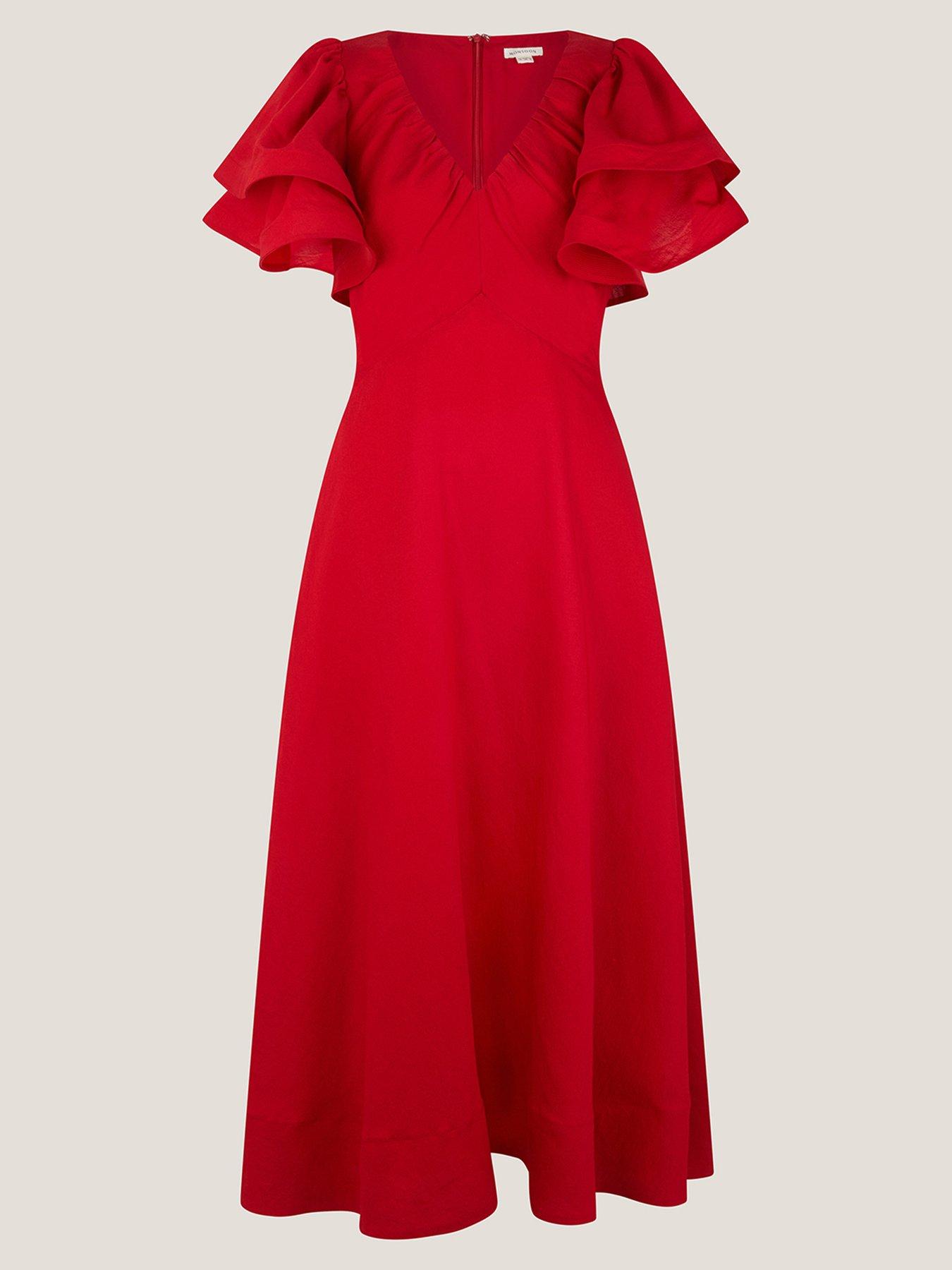  image of monsoon-patricia-ruffle-sleeve-midi-dress-red