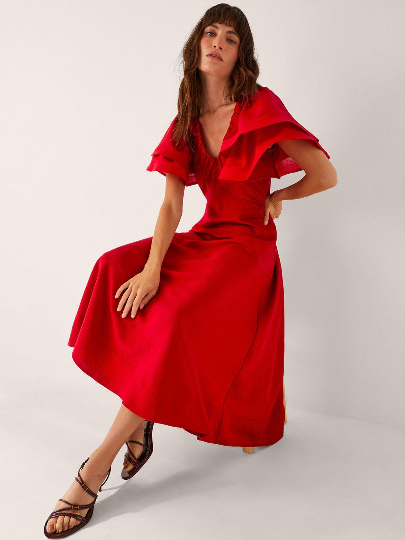  image of monsoon-patricia-ruffle-sleeve-midi-dress-red