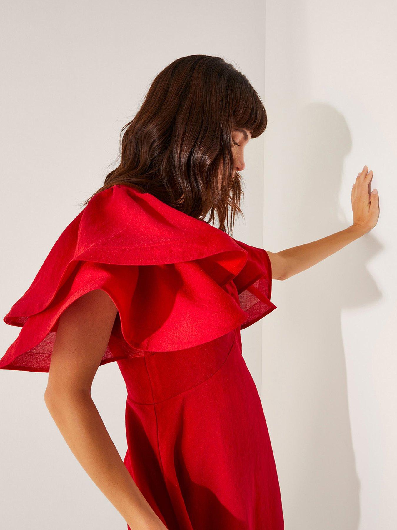  image of monsoon-patricia-ruffle-sleeve-midi-dress-red