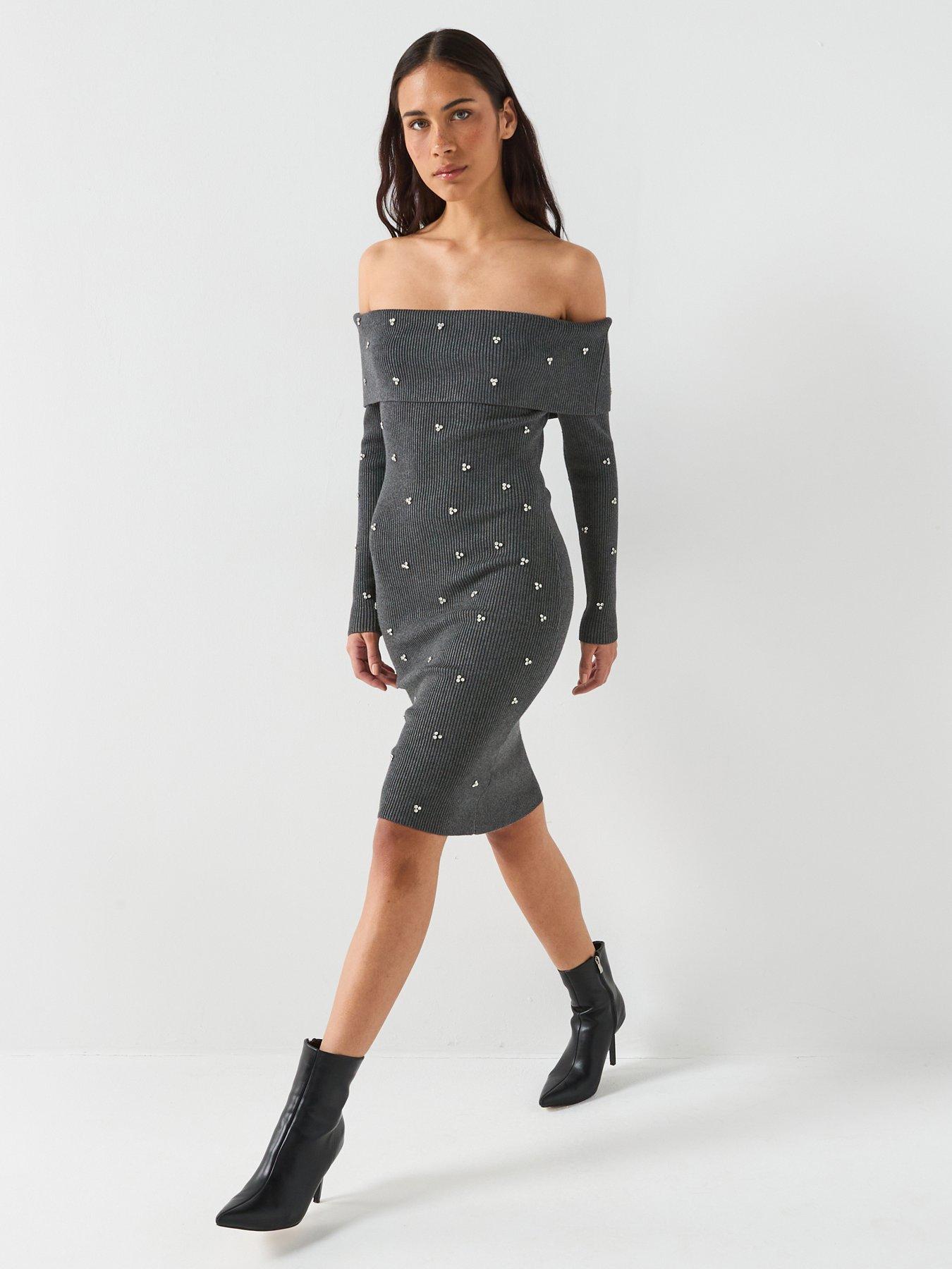 Image 1 of 6 of Guess Alisha Ribbed Dress - Grey