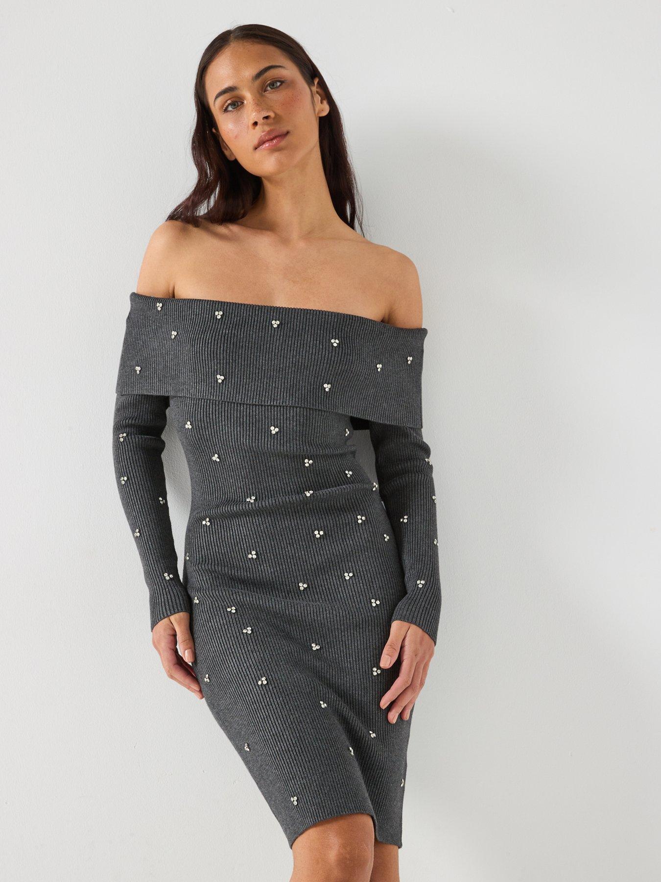  image of guess-alisha-ribbed-dress-grey