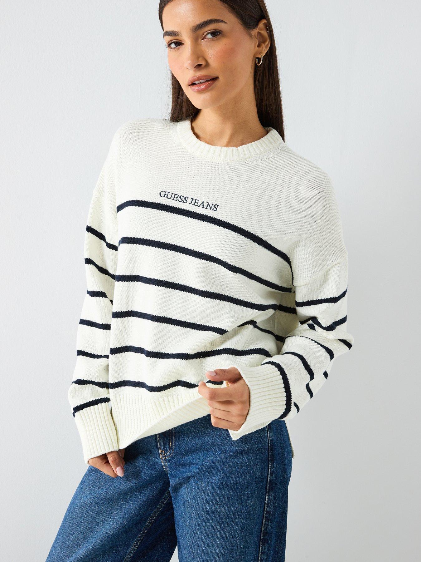 Guess Jeans Long Sleeve Striped Sweater - White