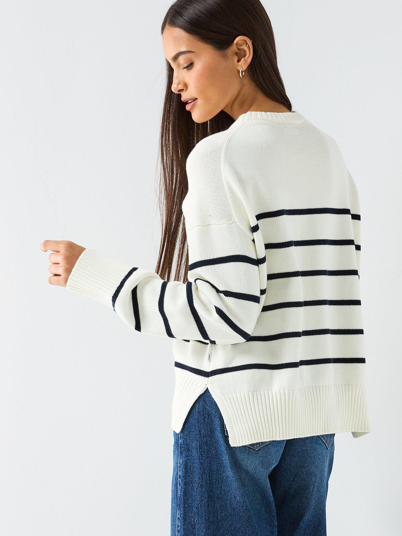 Image 2 of 6 of Guess Jeans Long Sleeve Striped Sweater - White