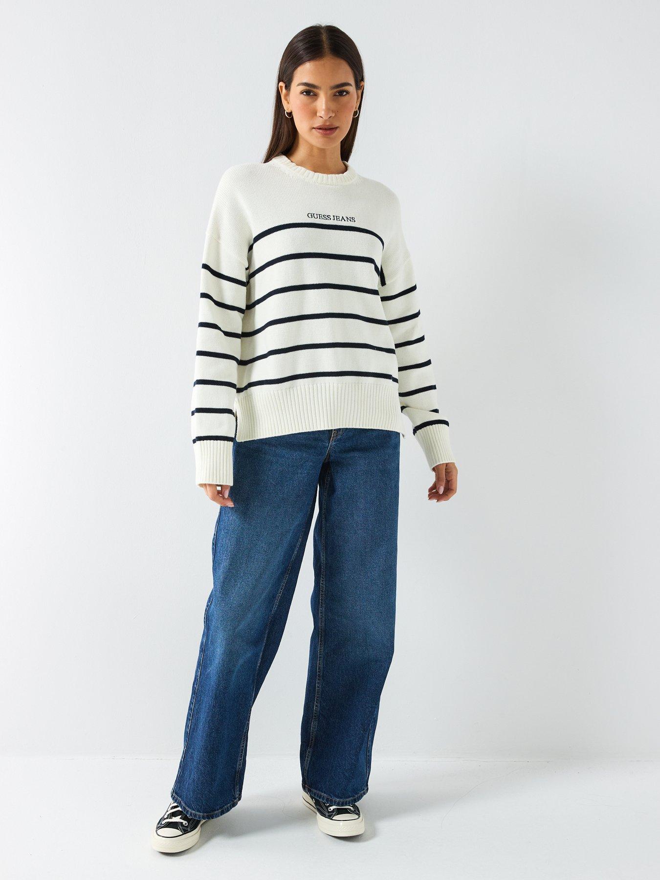 Image 3 of 6 of Guess Jeans Long Sleeve Striped Sweater - White