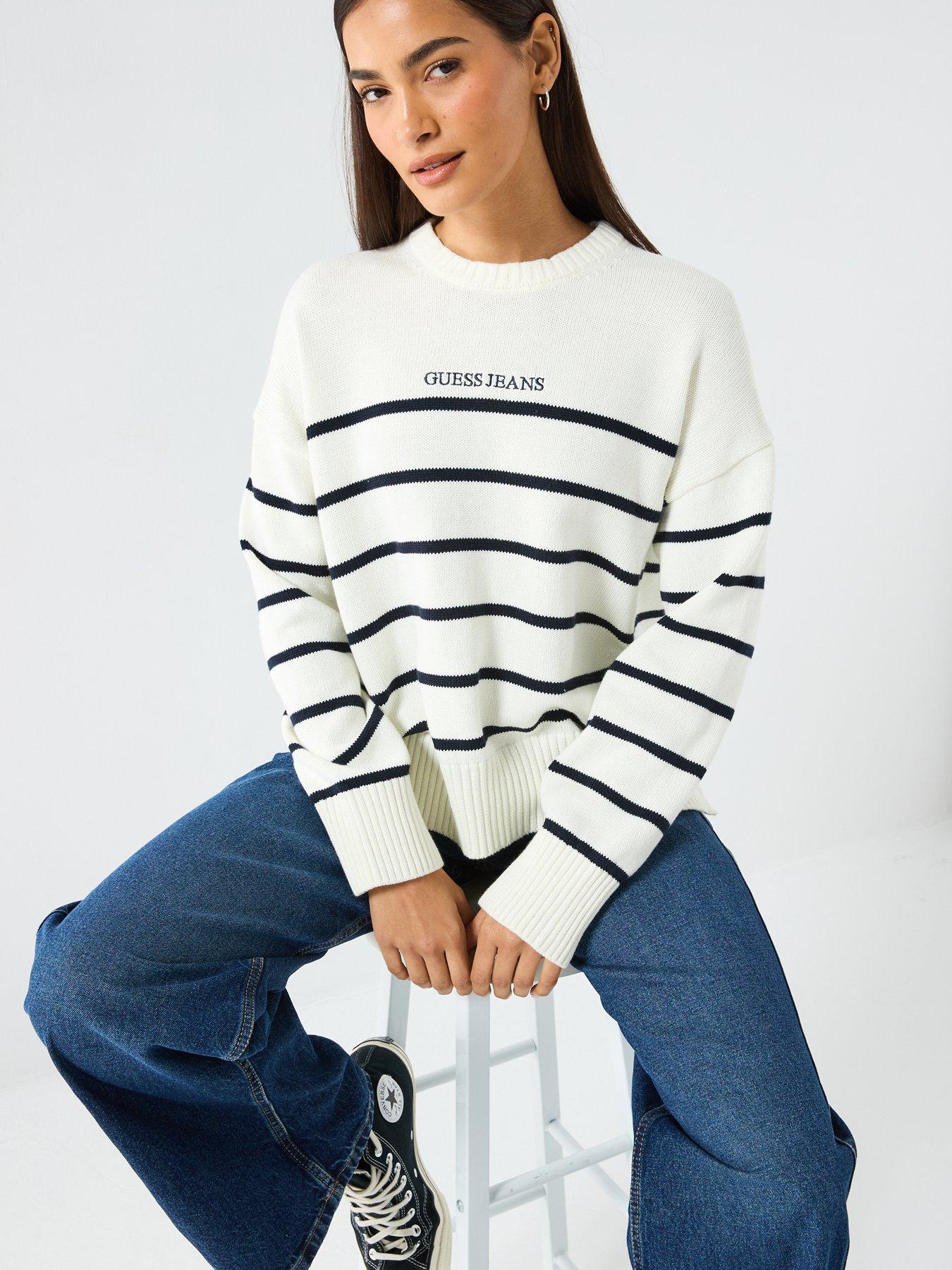 Image 4 of 6 of Guess Jeans Long Sleeve Striped Sweater - White