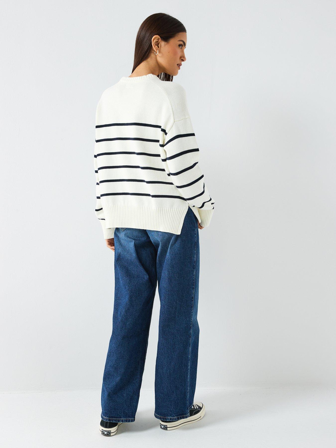 Image 5 of 6 of Guess Jeans Long Sleeve Striped Sweater - White