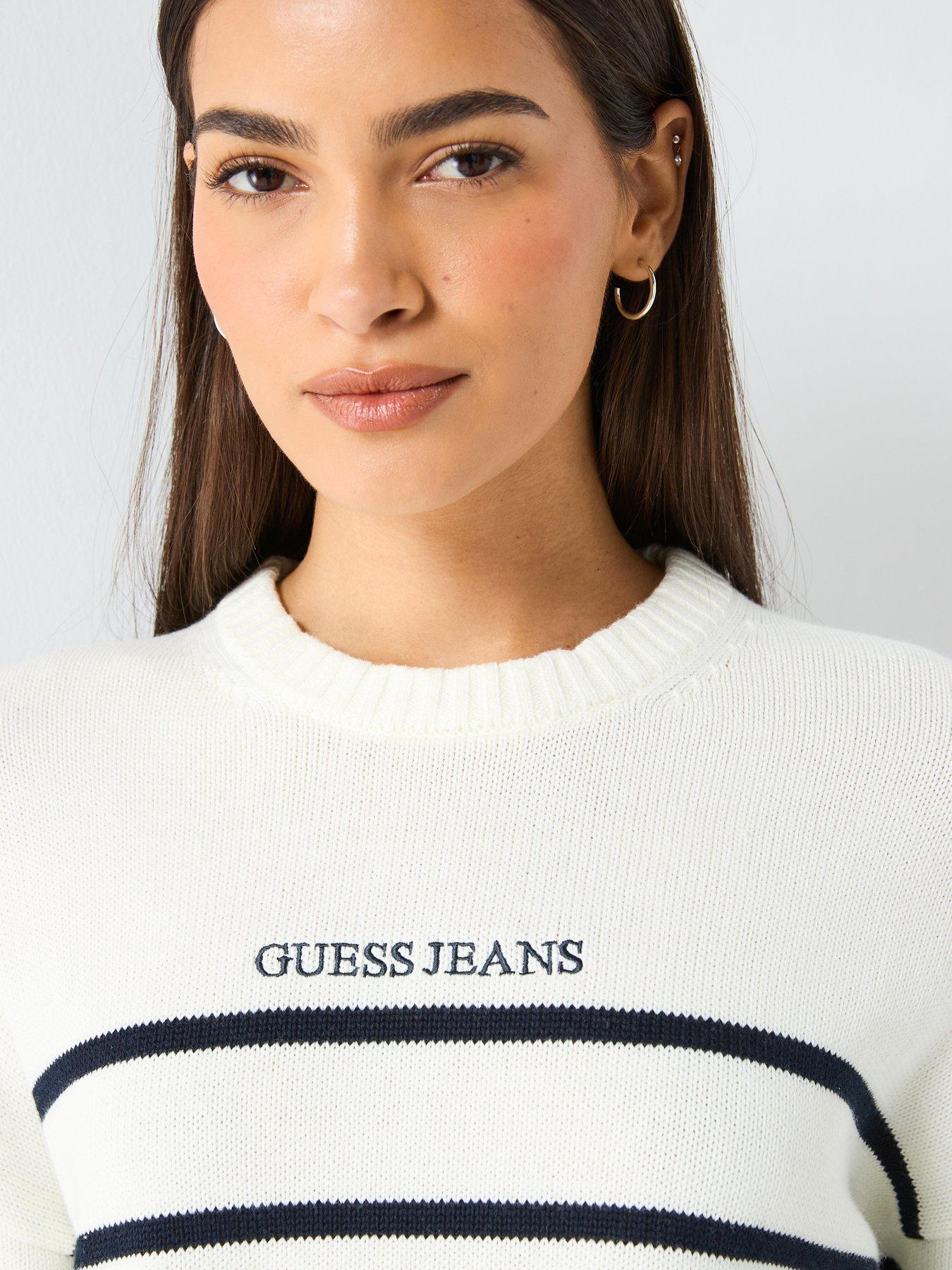 Image 6 of 6 of Guess Jeans Long Sleeve Striped Sweater - White