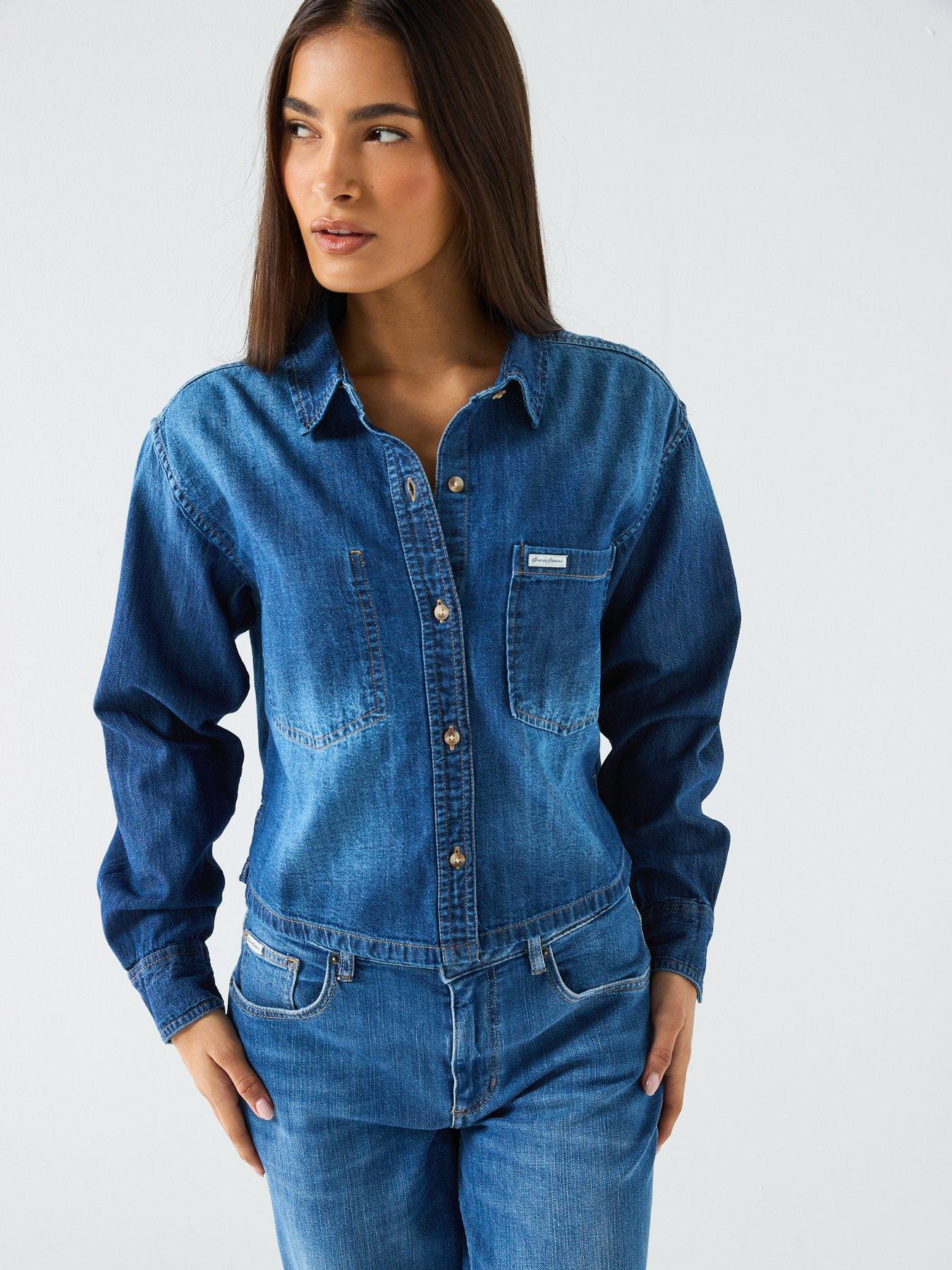 Guess Jeans Cropped Long Sleeve Denim Shirt - Blue
