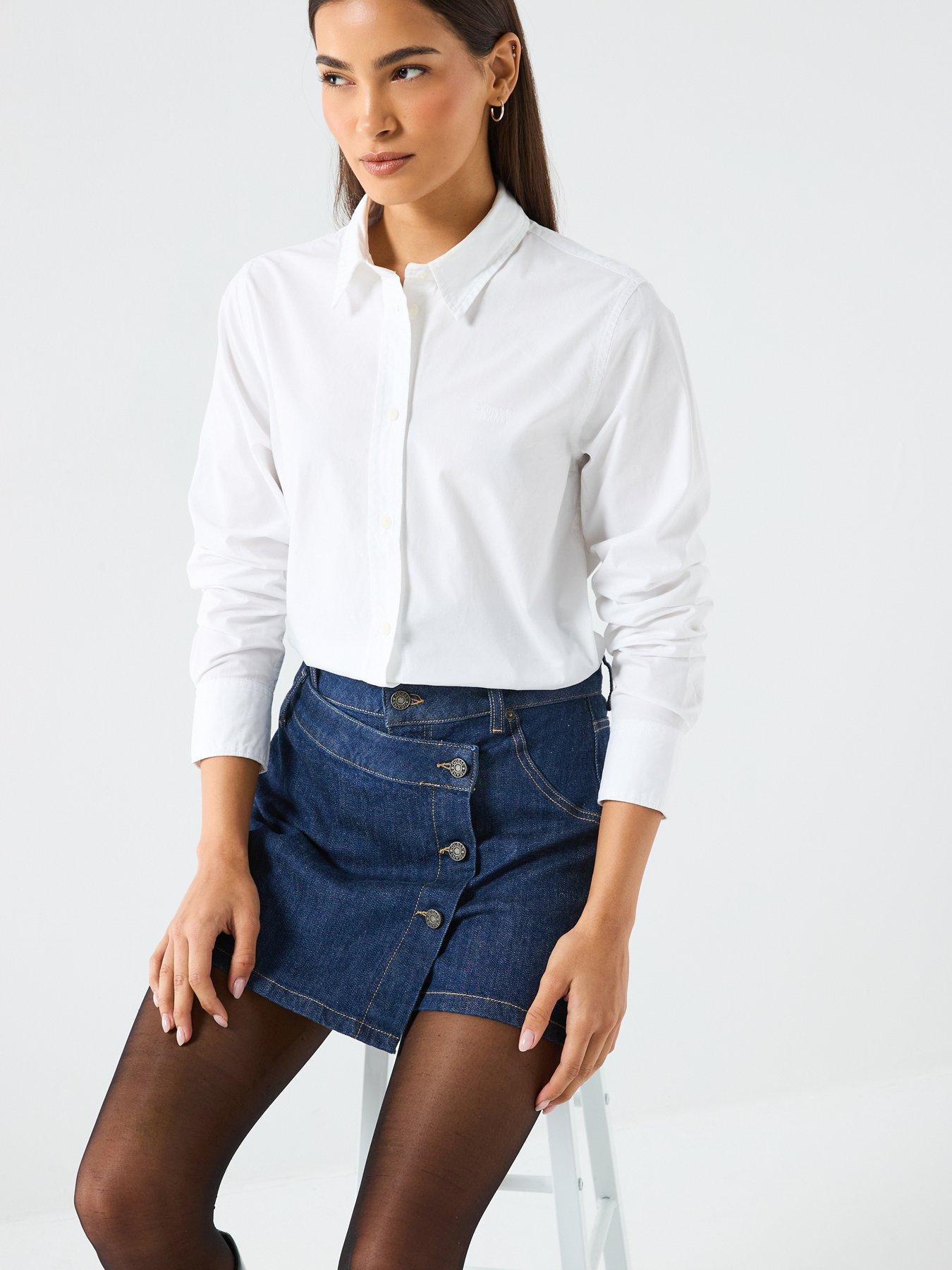  image of guess-jeans-slim-fit-long-sleeve-shirt-with-tonal-embroidered-logo-white