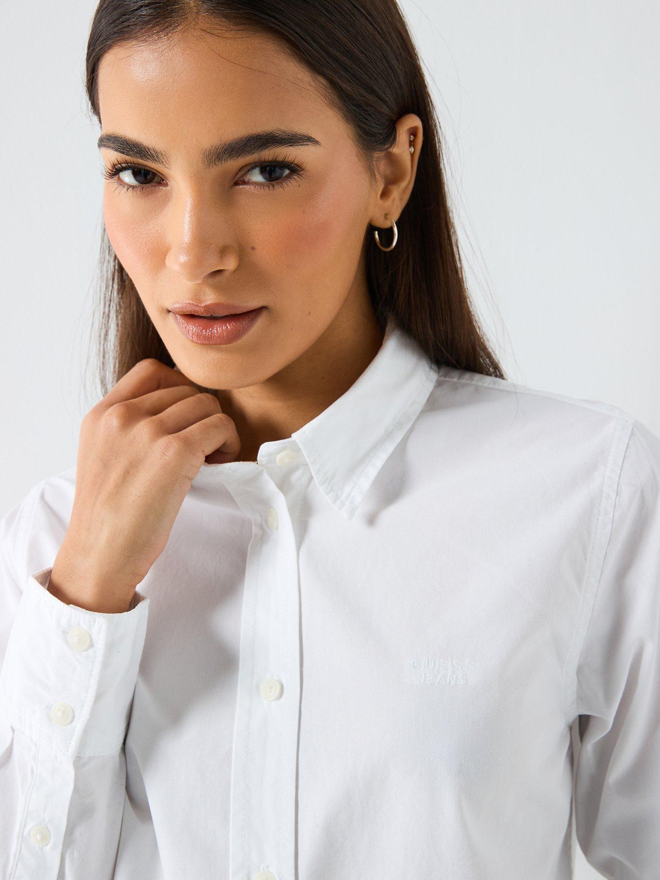  image of guess-jeans-slim-fit-long-sleeve-shirt-with-tonal-embroidered-logo-white