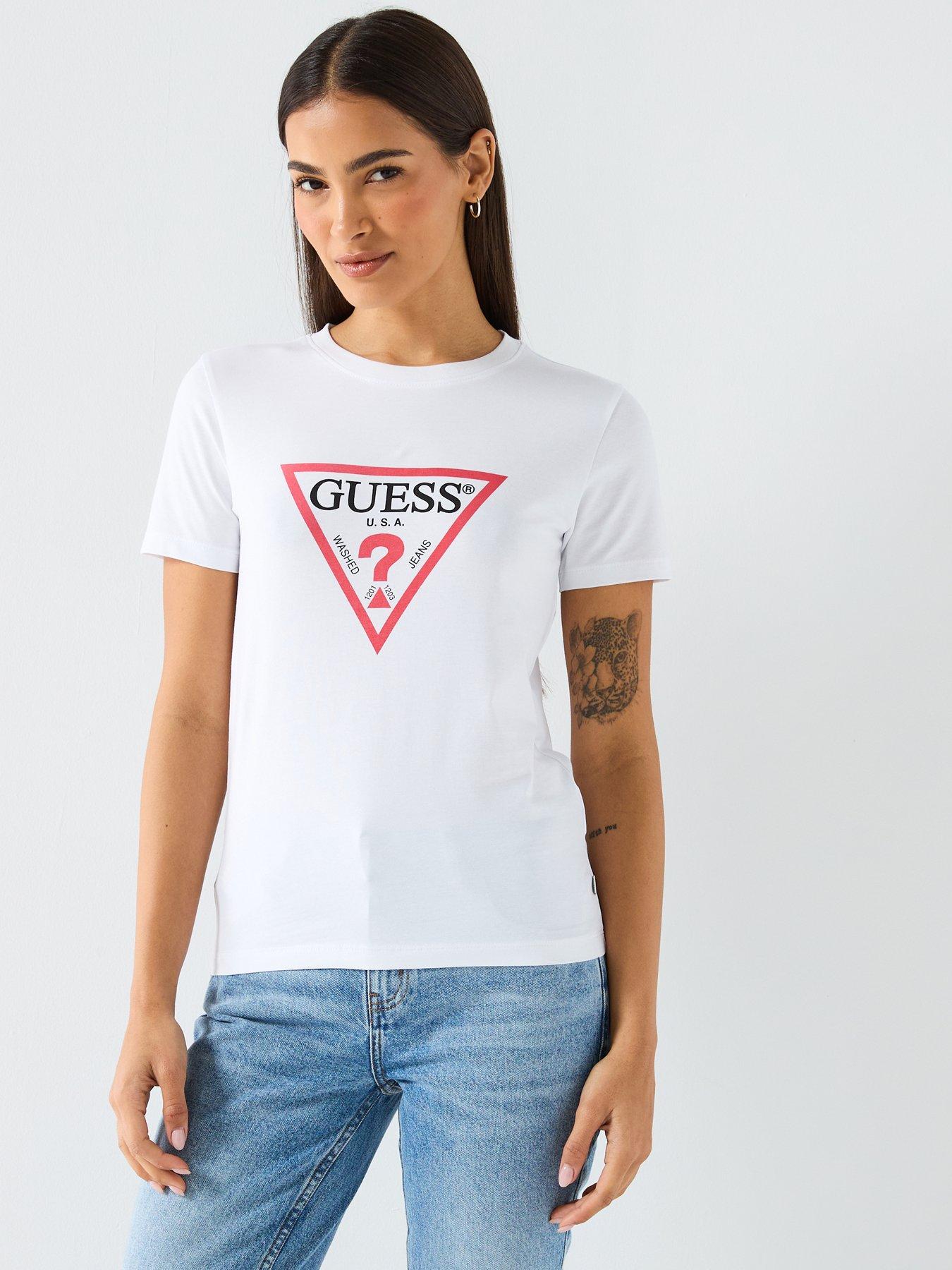 front image of guess-jeans-short-sleeve-slim-iconic-t-shirt-white