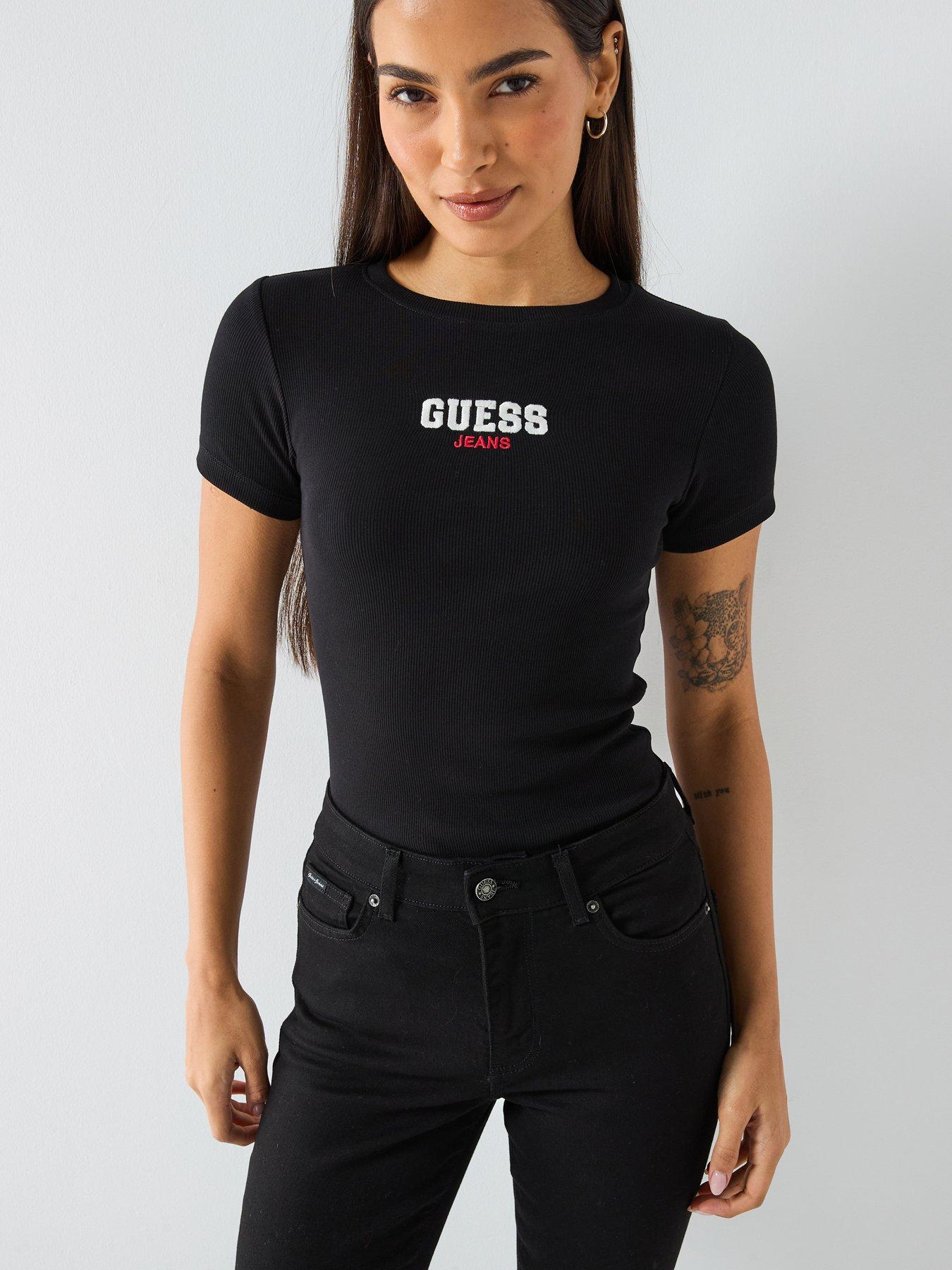  image of guess-jeans-short-sleeve-slim-ribbed-embroidered-t-shirt-black