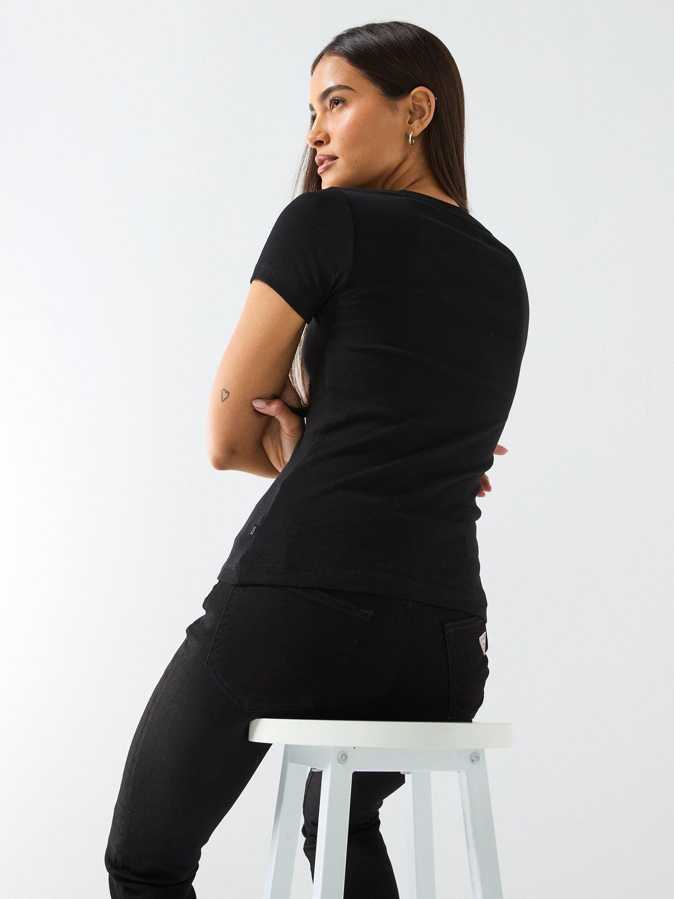 stillFront image of guess-jeans-short-sleeve-slim-ribbed-embroidered-t-shirt-black