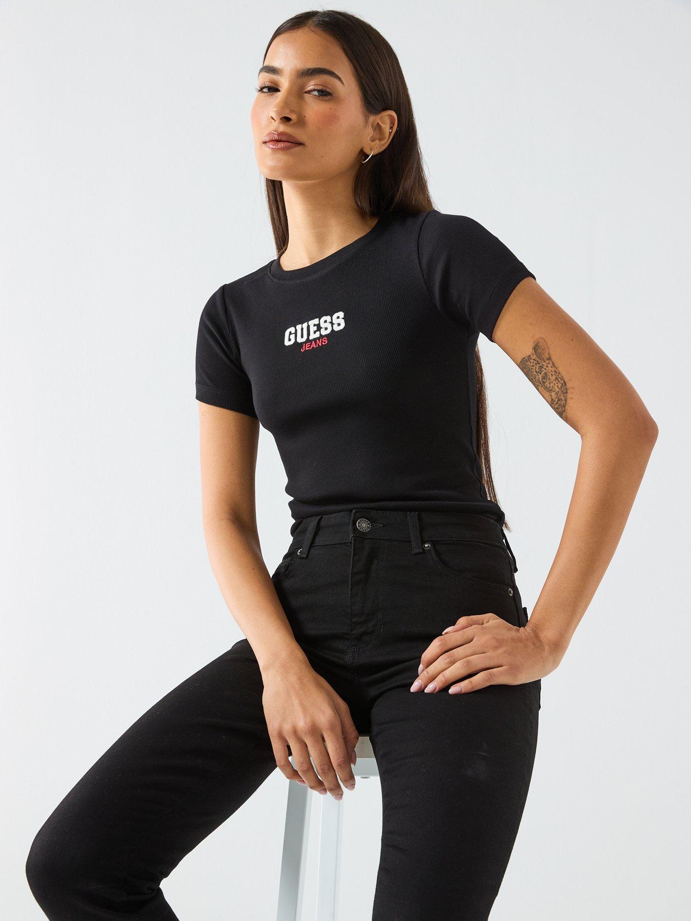  image of guess-jeans-short-sleeve-slim-ribbed-embroidered-t-shirt-black
