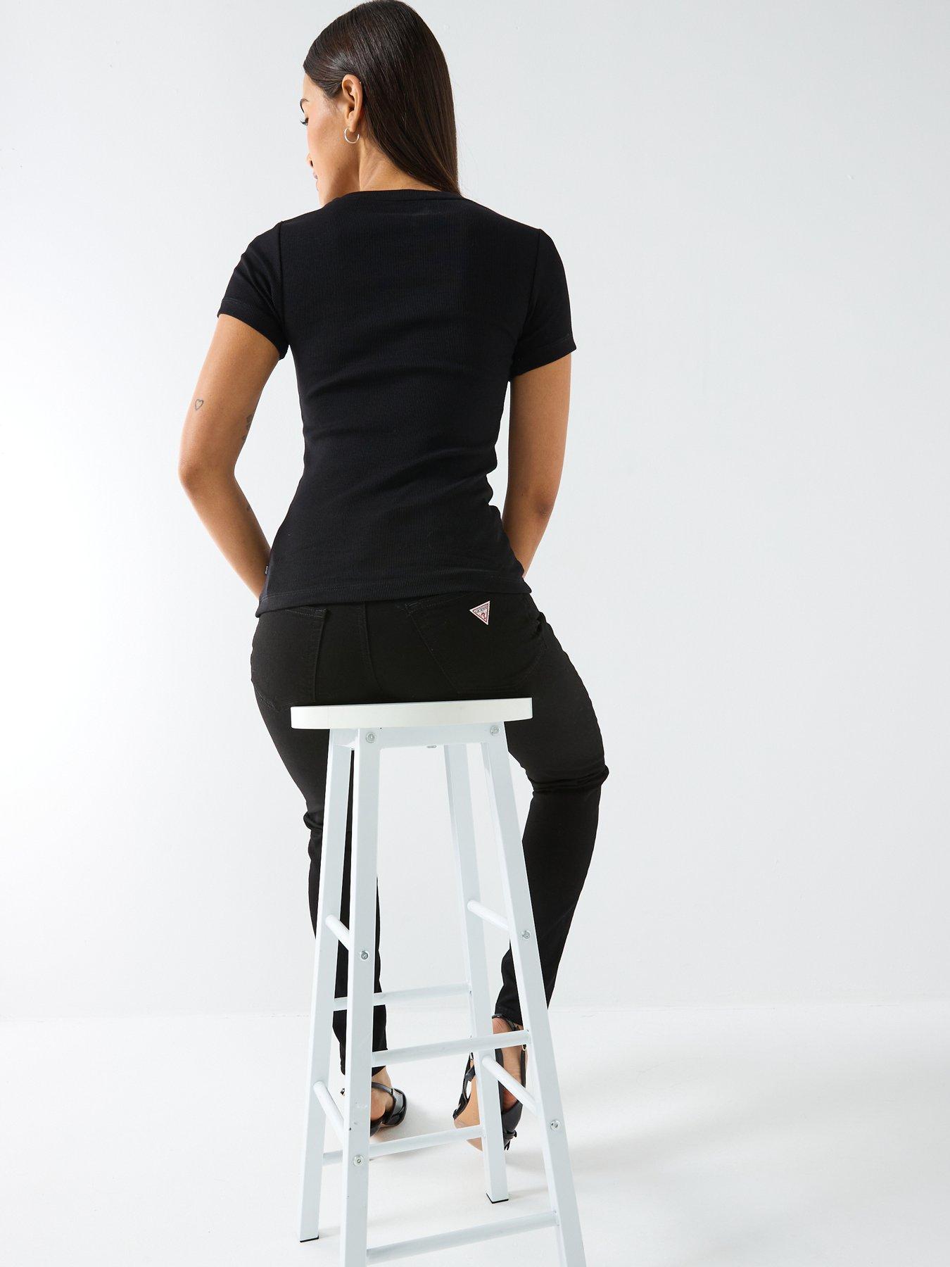  image of guess-jeans-short-sleeve-slim-ribbed-embroidered-t-shirt-black