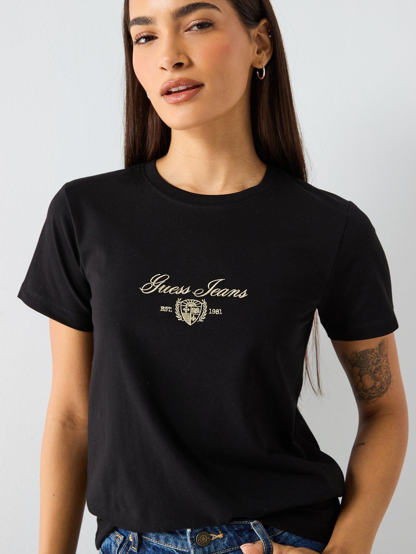  image of guess-jeans-short-sleeve-embroidered-script-t-shirt-black