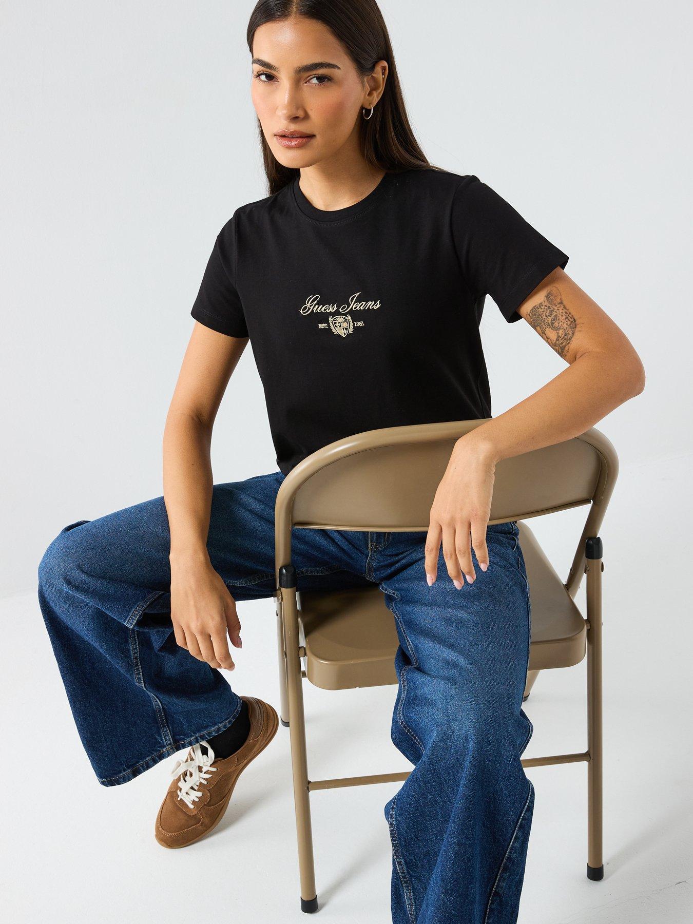  image of guess-jeans-short-sleeve-embroidered-script-t-shirt-black