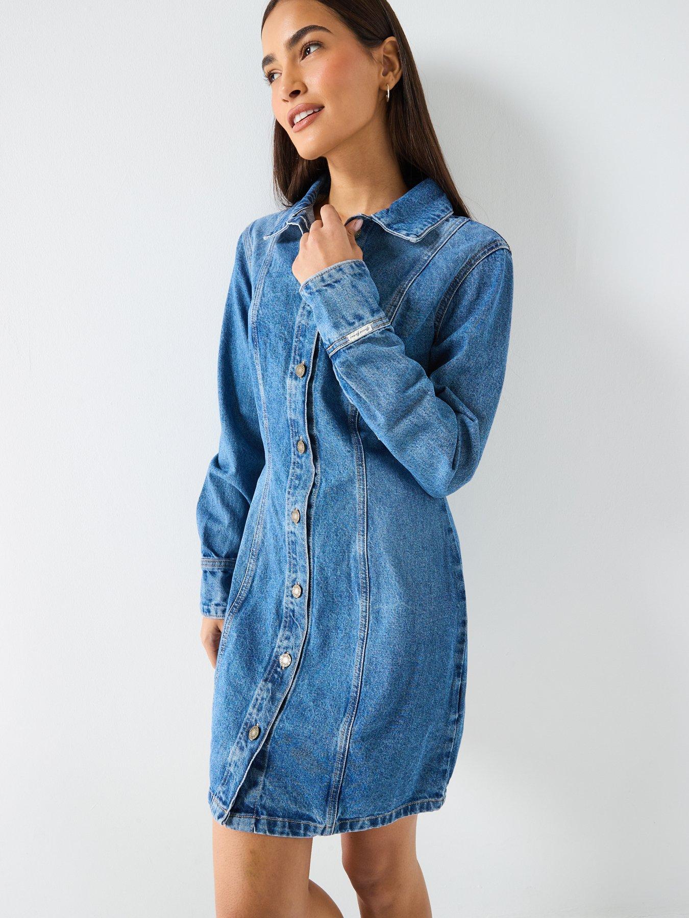  image of guess-jeans-seamed-denimnbspshirt-dress-blue