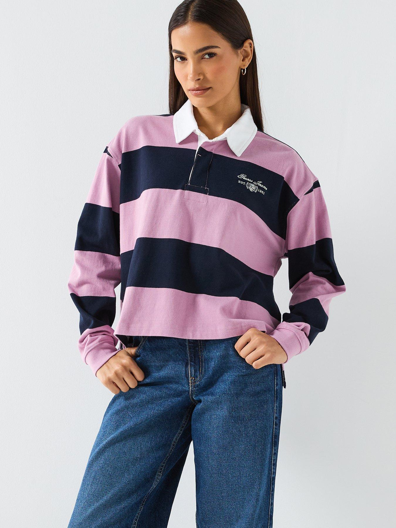 front image of guess-jeans-long-sleeve-rugby-polo-shirt-pink
