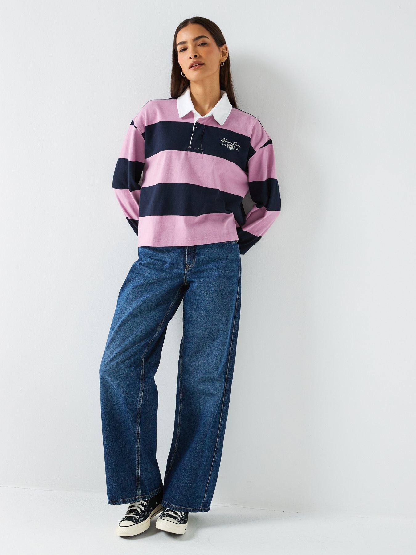  image of guess-jeans-long-sleeve-rugby-polo-shirt-pink