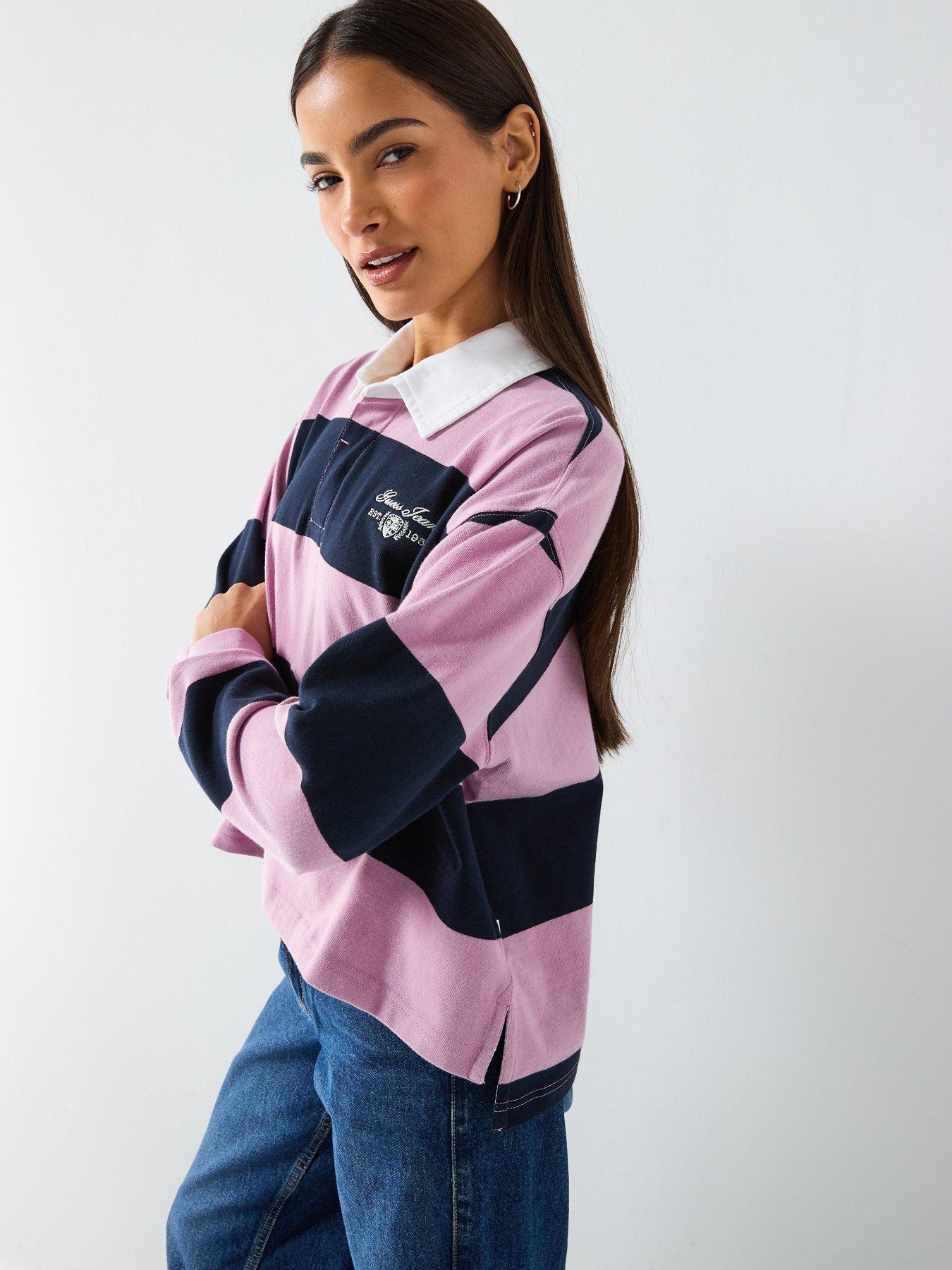  image of guess-jeans-long-sleeve-rugby-polo-shirt-pink