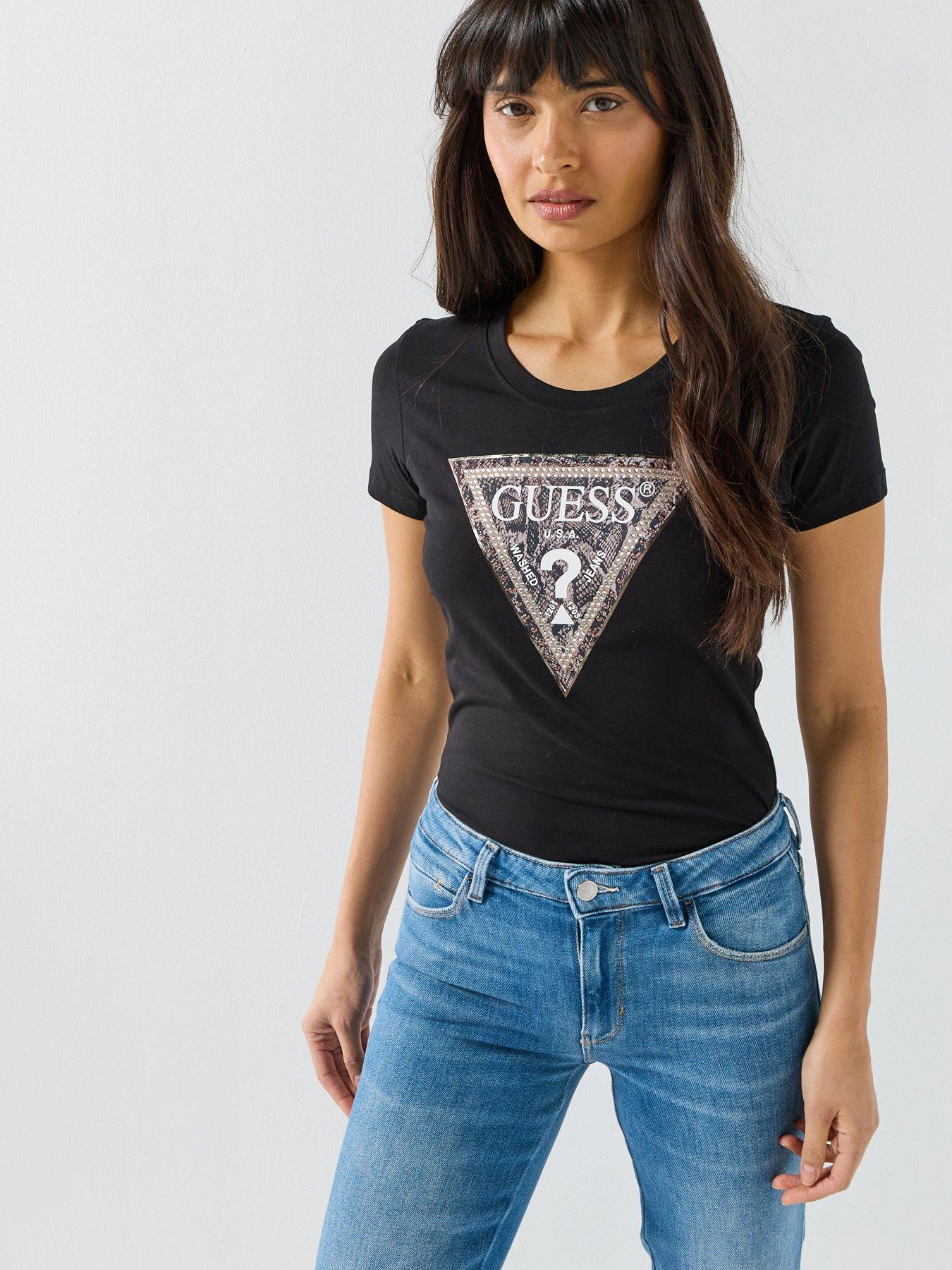 front image of guess-short-sleeve-triangle-python-t-shirt-black