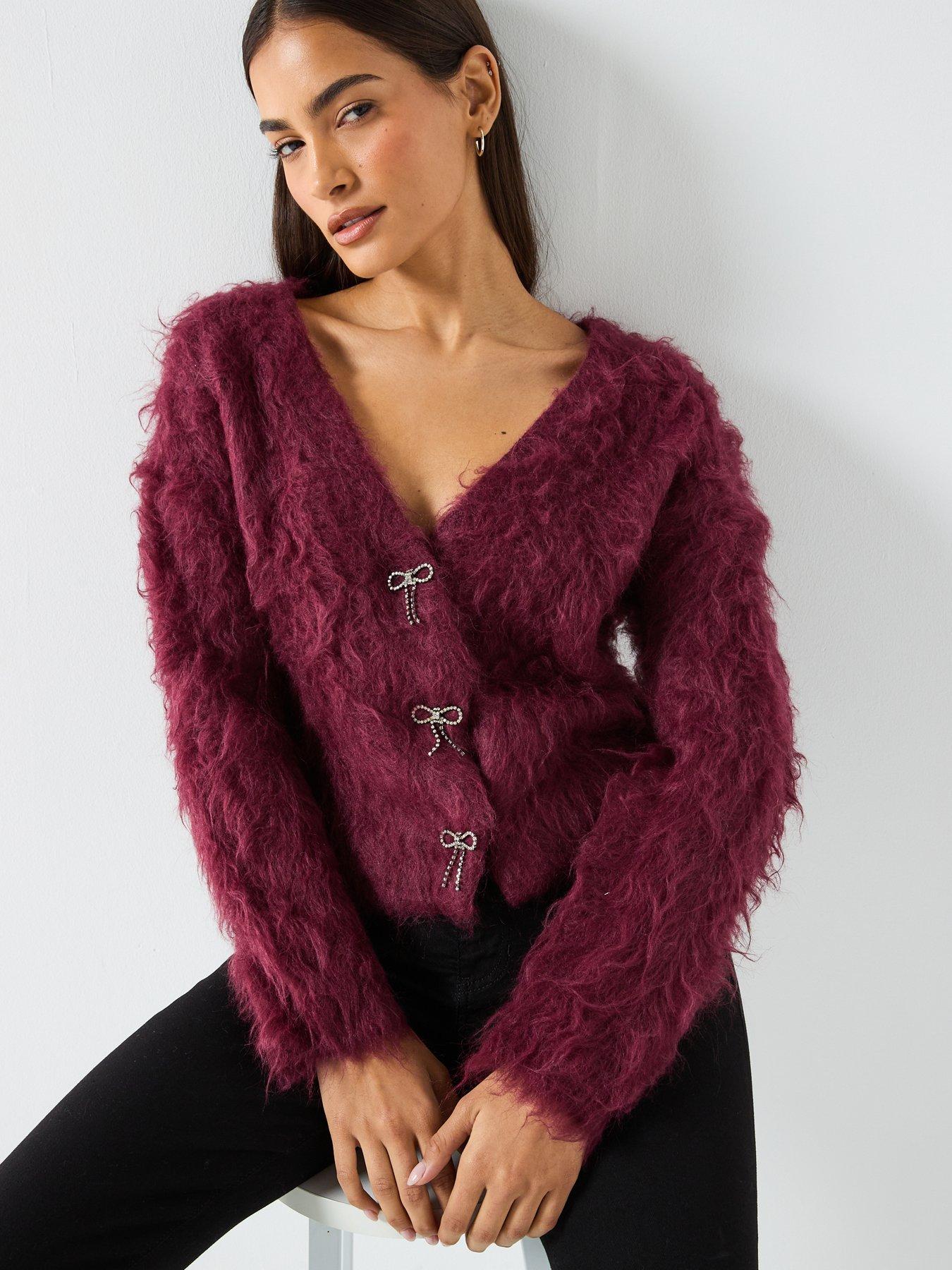 Image 5 of 6 of Guess Long Sleeve Bow Button Cardigan - Dark Red
