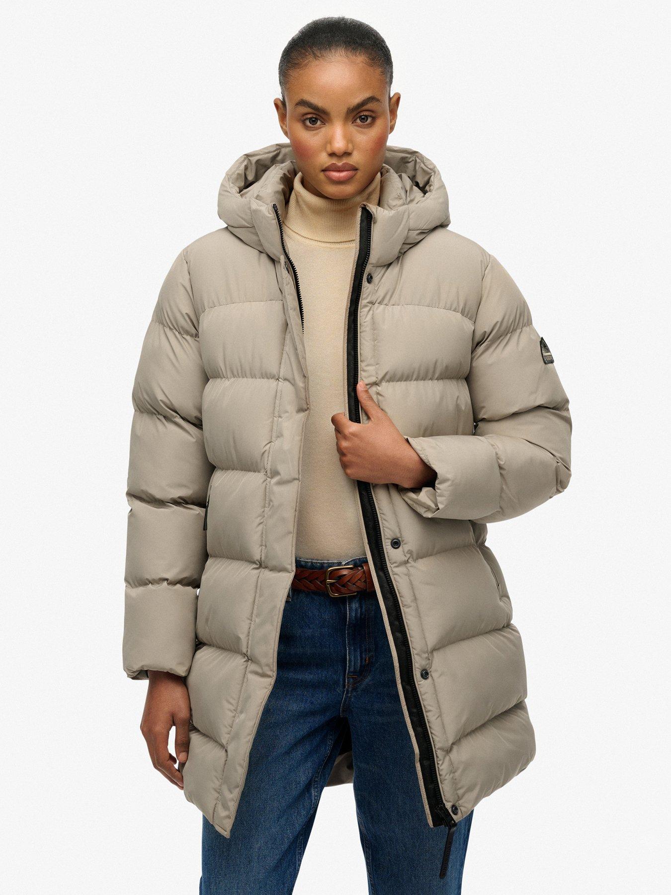 Superdry Hooded Sports Puffer Mid Jacket - Beige