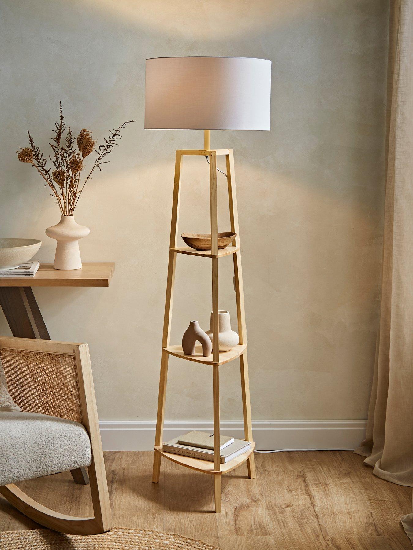 undefined Hiru Natural Wood 3 Tier Shelf Floor Lamp With Large White Shade