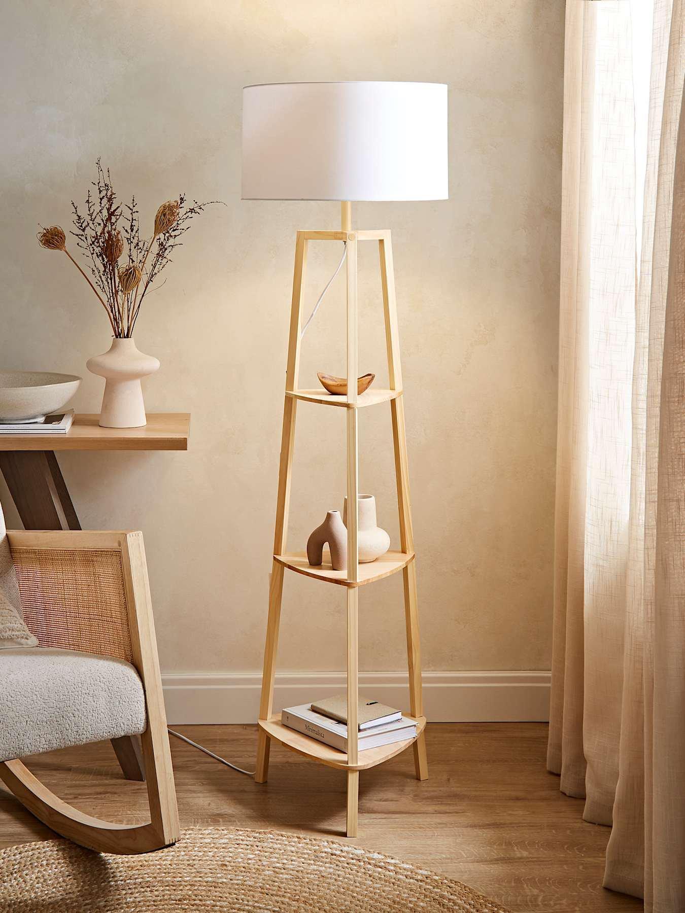 ValueLights Hiru Natural Wood 3 Tier Shelf Floor Lamp With Large White Shade