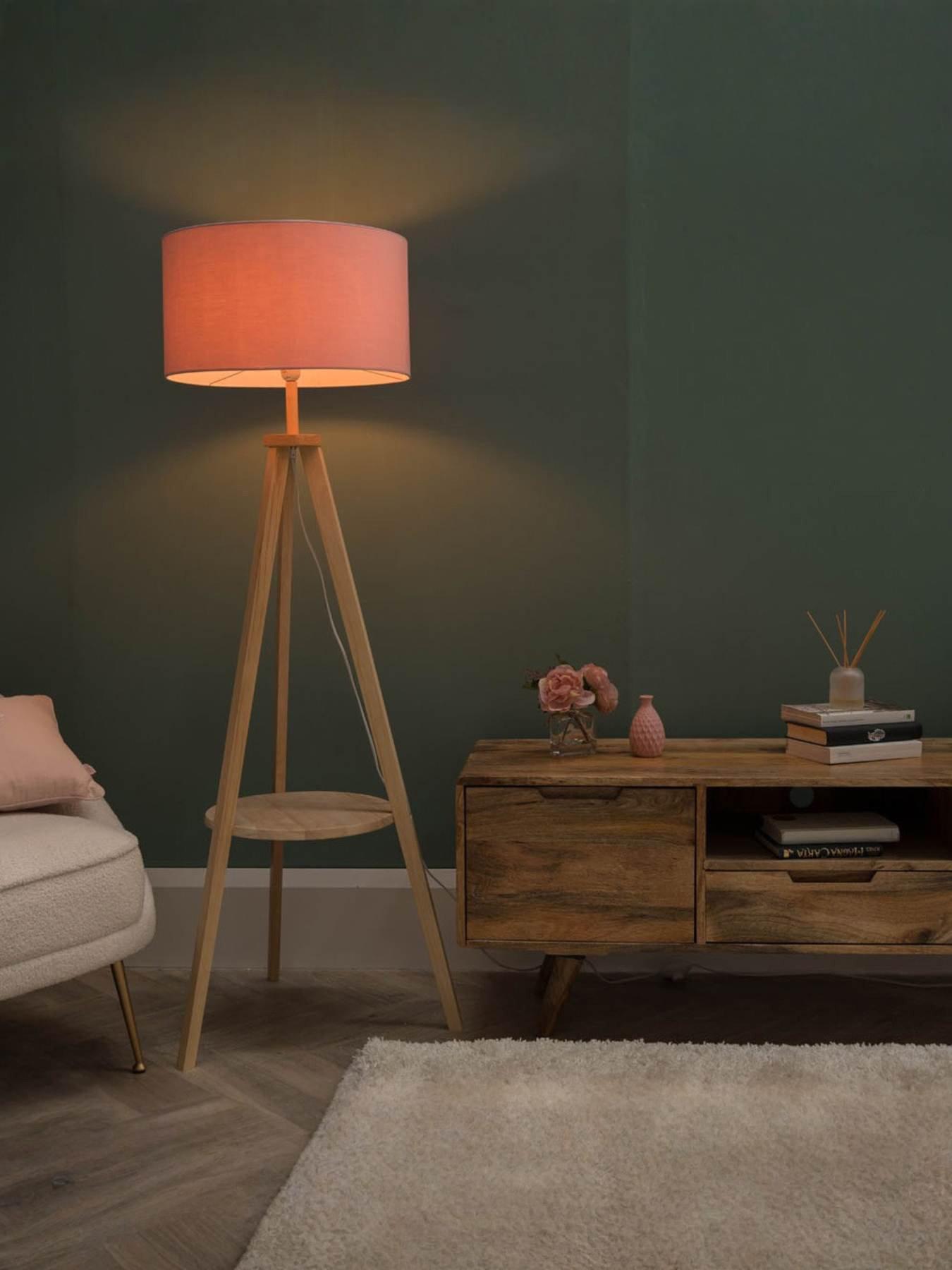 undefined Morrigan Light Wood Tripod Floor Lamp With Large Blush Reni Shade