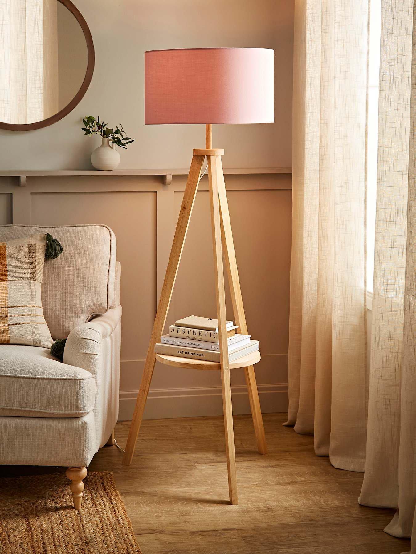 ValueLights Morrigan Light Wood Tripod Floor Lamp With Large Blush Reni Shade