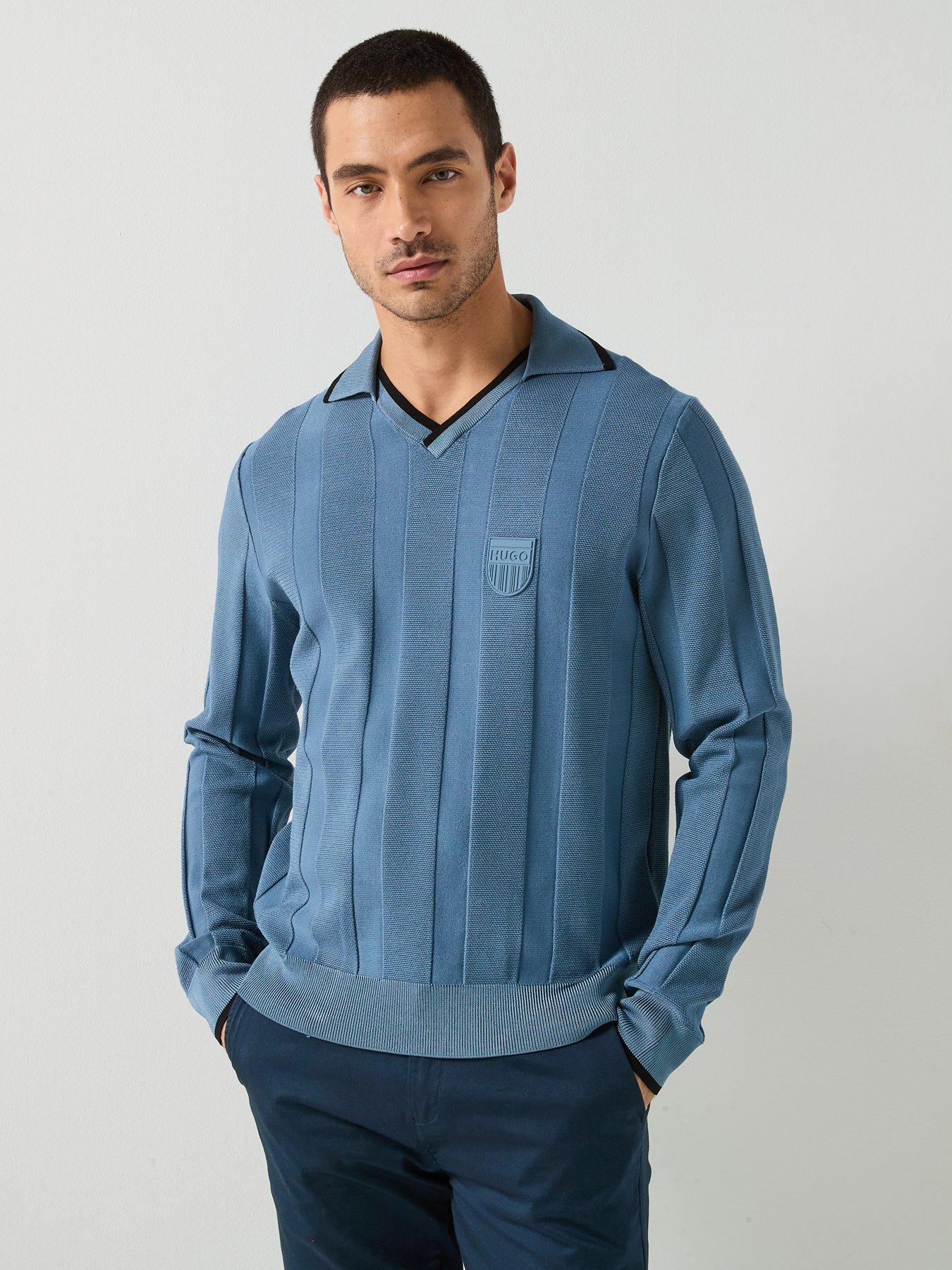 Image 1 of 5 of HUGO Open Collar Shield Logo Knitted Polo Top - Blue
