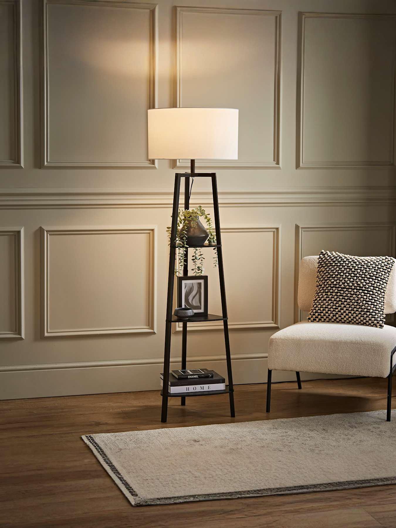 undefined Hiru Matt Black 3 Tier Shelf Floor Lamp With Large Black Shade