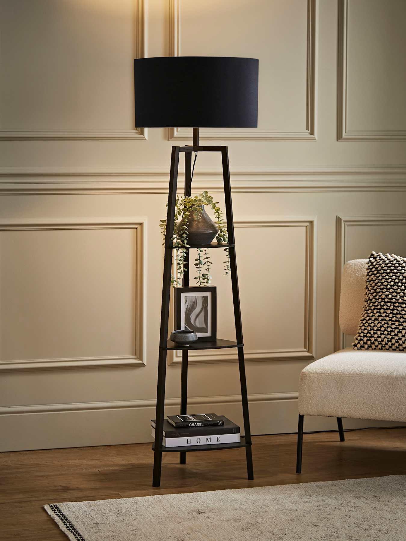 ValueLights Hiru Matt Black 3 Tier Shelf Floor Lamp With Large Black Shade