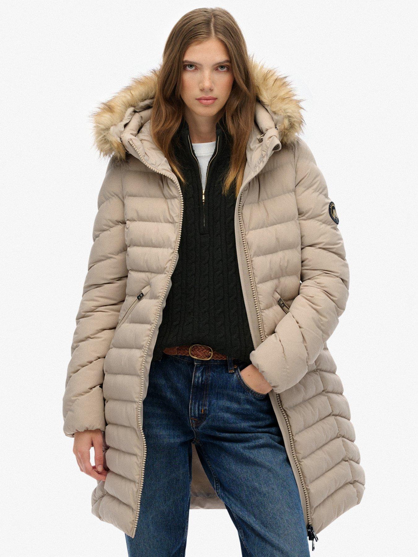 Superdry Fuji Faux Fur Hood Mid Length Coat - Grey