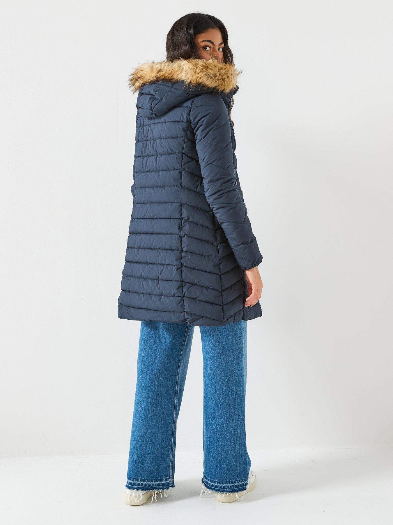 stillFront image of superdry-fuji-faux-fur-hood-mid-length-coat-navy