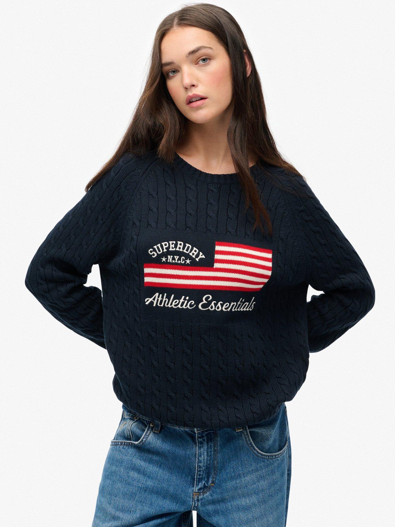 Image 1 of 5 of Superdry Slouchy Cable Flag Knit Jumper - Navy