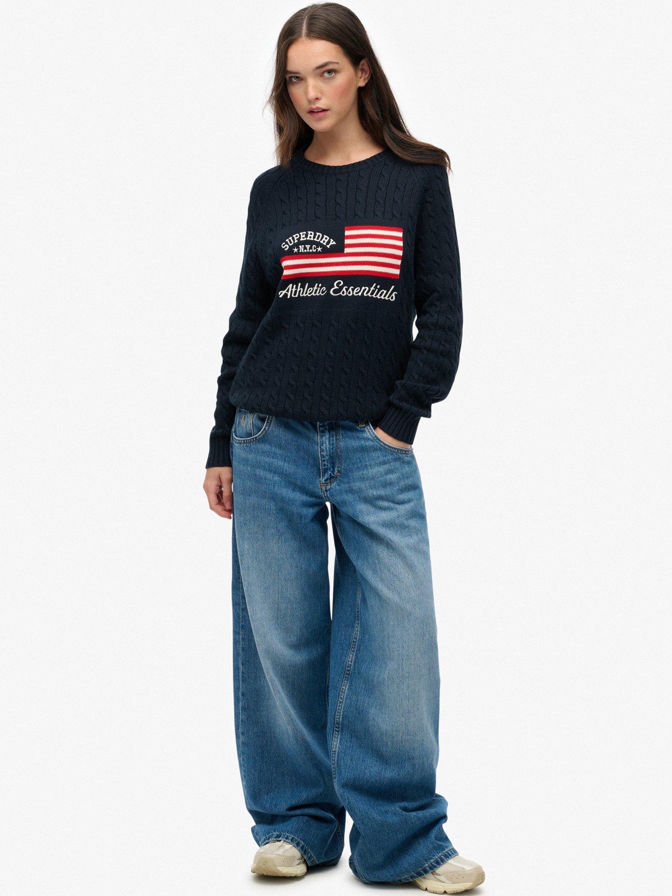 Image 2 of 5 of Superdry Slouchy Cable Flag Knit Jumper - Navy