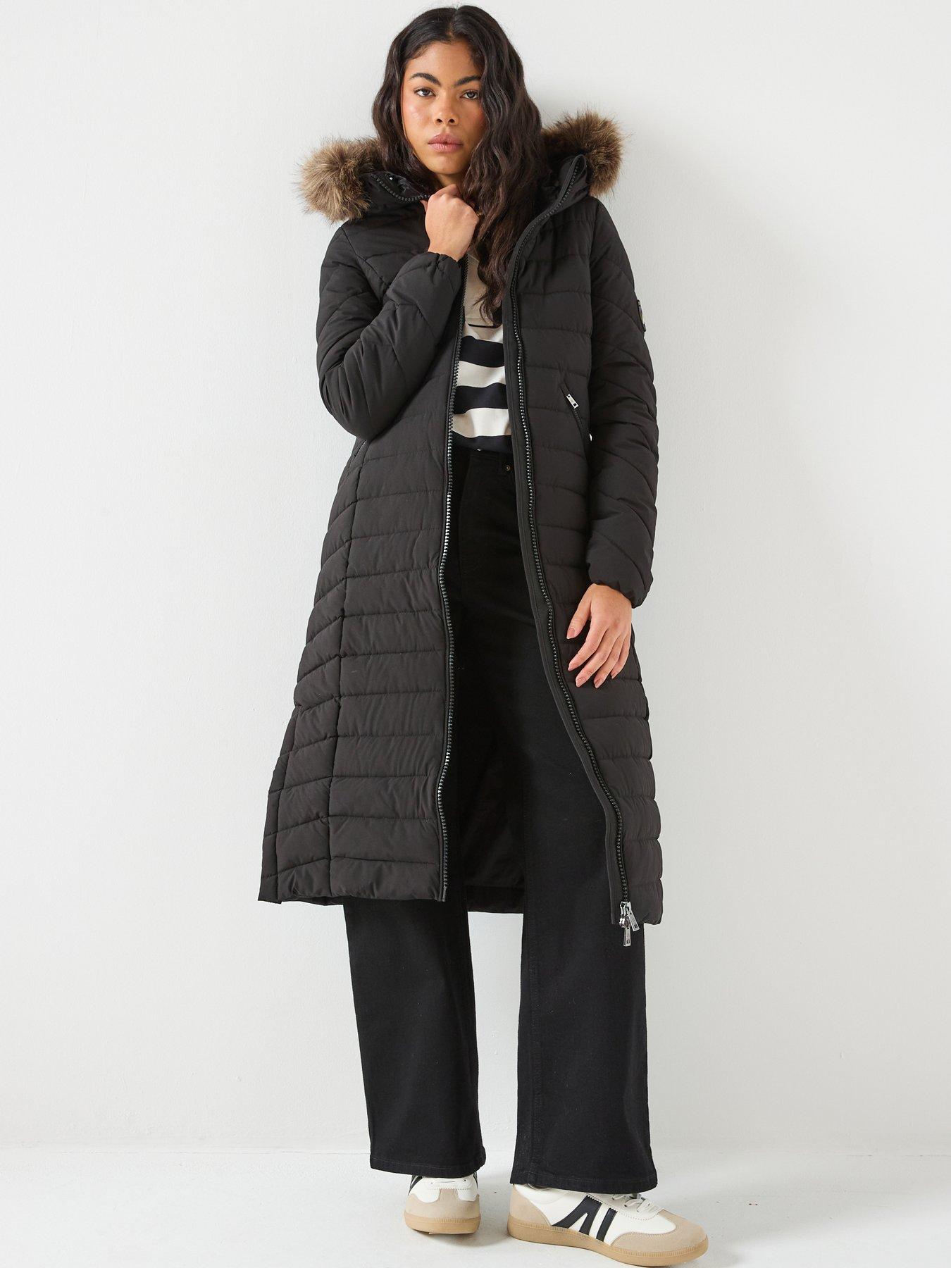 Superdry Fuji Faux Fur Hooded Longline Padded Coat - Black
