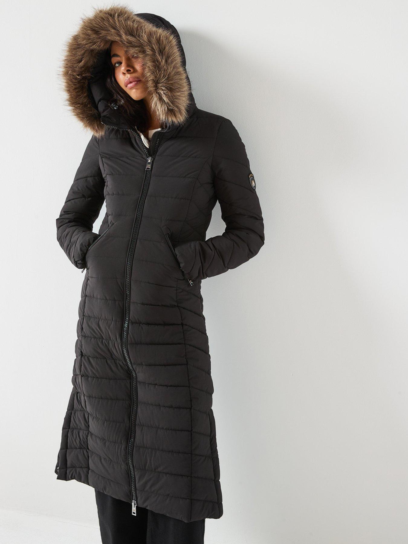  image of superdry-fuji-faux-fur-hooded-longline-padded-coat-black